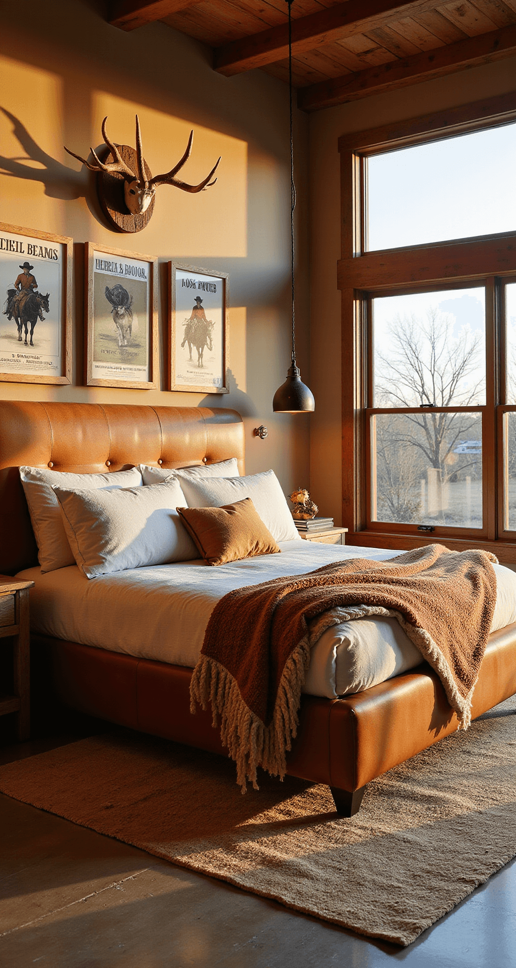 Spacious golden hour-lit bedroom featuring a king-size bed with a distressed leather headboard, reclaimed barnwood side tables, weathered iron pendant lights, layered textures of a cowhide rug and chunky wool throws, warm adobe walls adorned with vintage rodeo posters and an antler installation.