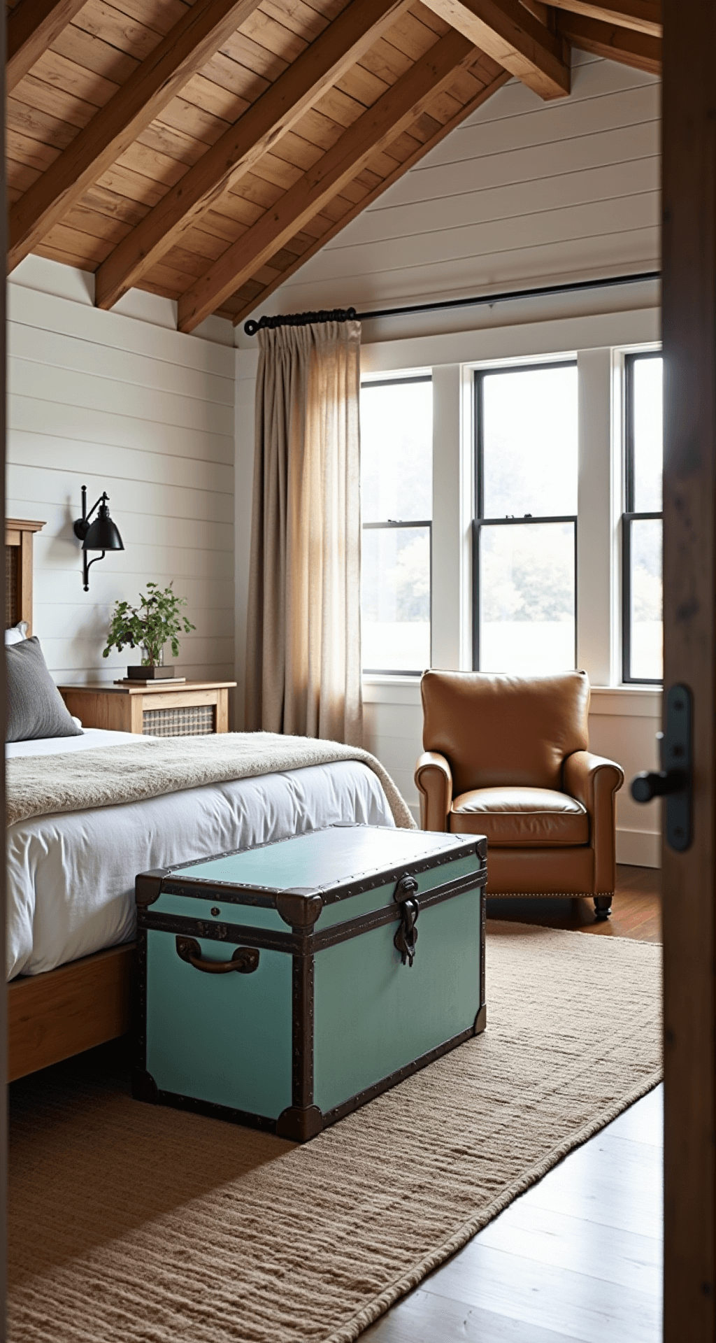 A wide-angle view of a rustic-modern primary bedroom featuring a queen bed with a weathered oak frame against a whitewashed shiplap wall, a turquoise vintage trunk at the foot of the bed, and a vintage leather armchair in the corner, illuminated by natural light filtering through gauzy linen curtains. The room showcases a vaulted ceiling with exposed wooden beams and a mix of textures including smooth leather, rough wood, and soft earth-toned textiles.