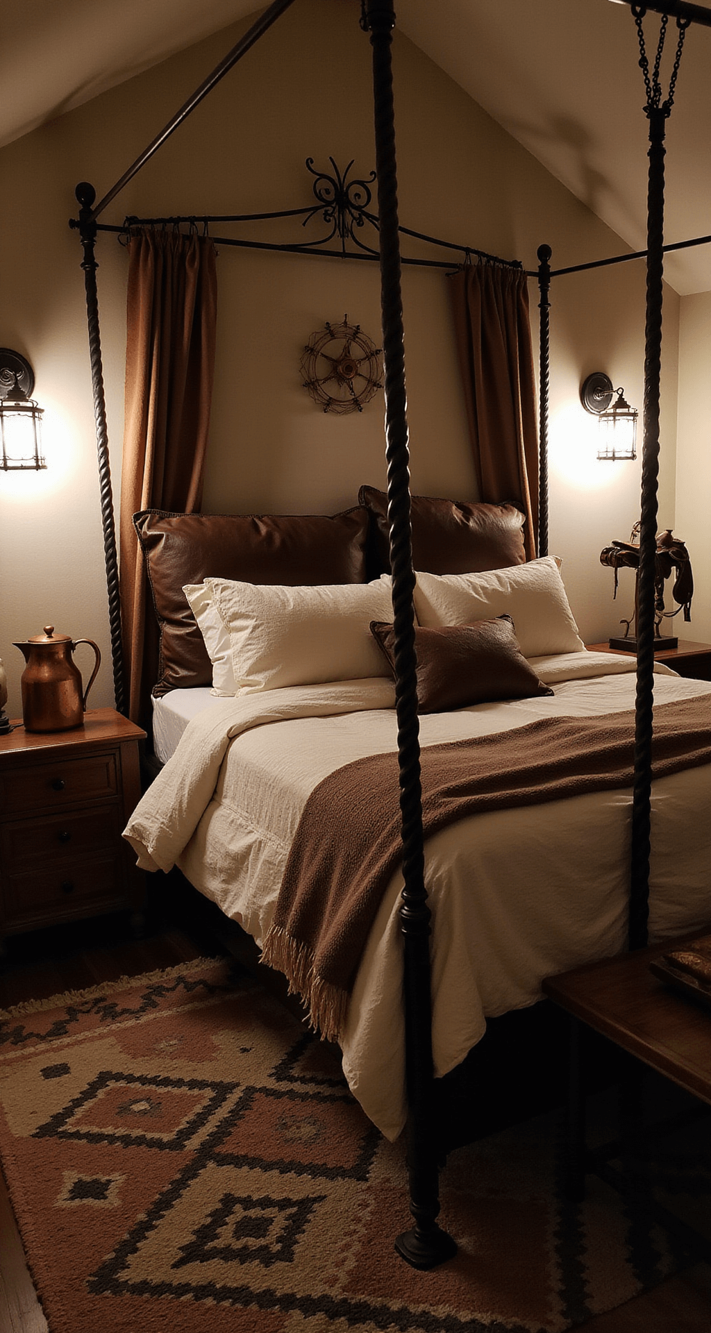 Intimate bedroom scene with pitched ceiling and iron canopy bed, illuminated by wrought iron lantern sconces. Cozy decor includes ivory linen bedding, a handwoven Navajo rug, a copper water pitcher nightstand, and a vintage saddle on display, creating a warm and rustic atmosphere.