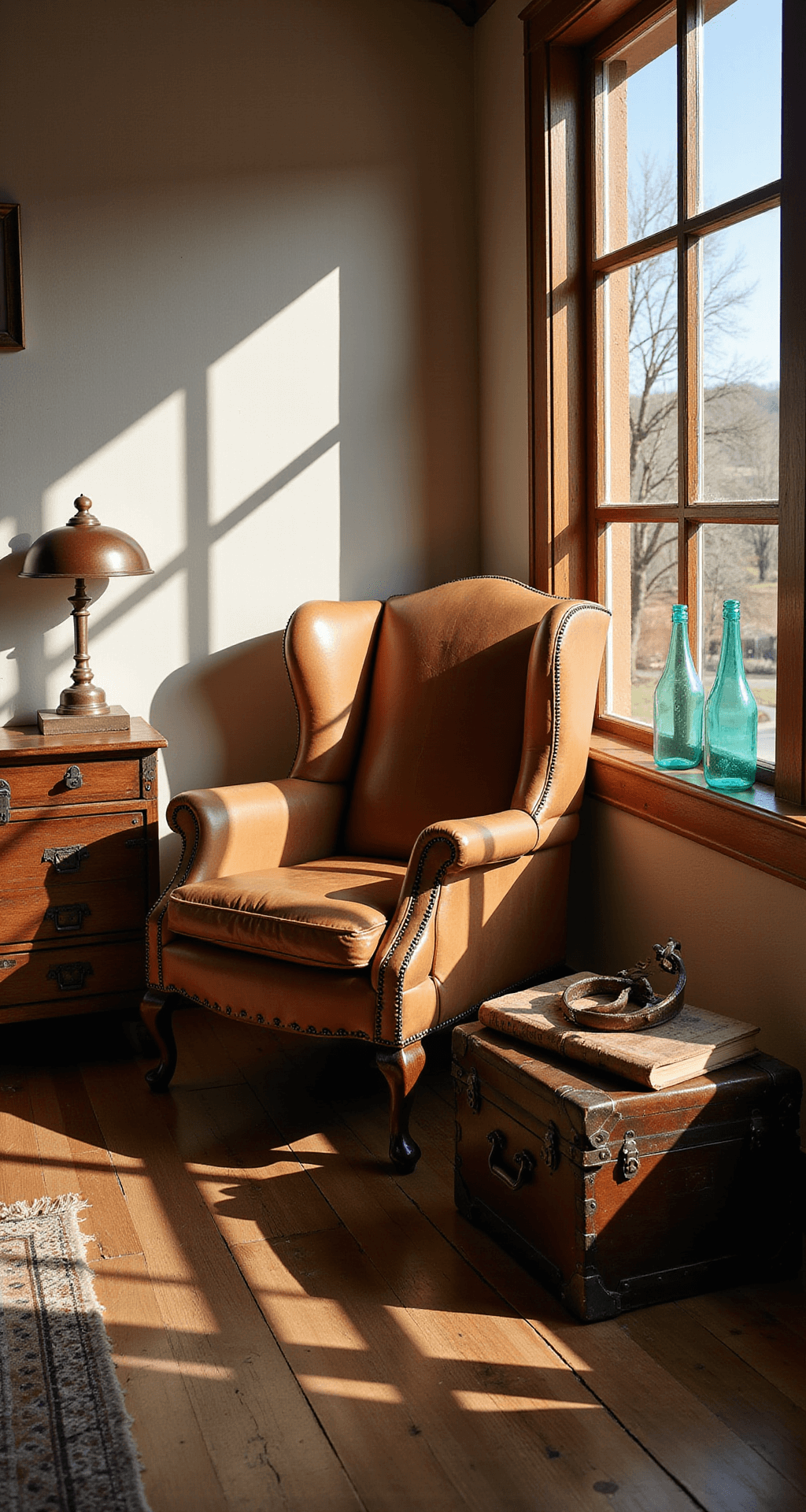 A sunlit reading nook in a western-style bedroom, featuring a distressed leather wingback chair angled at 45 degrees on reclaimed wood flooring. A vintage trunk acts as a side table, adorned with a copper lamp, leather-bound books, and antique spurs, while afternoon light casts long shadows. The scene showcases an earth-tone palette with turquoise accents from vintage glass bottles.