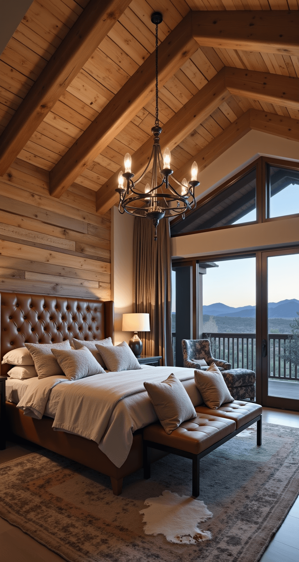 A dramatic master bedroom at dusk featuring a California king bed with a custom tobacco leather tufted headboard against a barn wood accent wall. The space boasts a cathedral ceiling, matching iron and wood chandeliers, layered bedding in winter whites, caramel leather, and charcoal wool, with cowhide chairs by an oversized window showcasing a mountain view. The decor features a desert-toned palette with blackened bronze accents.