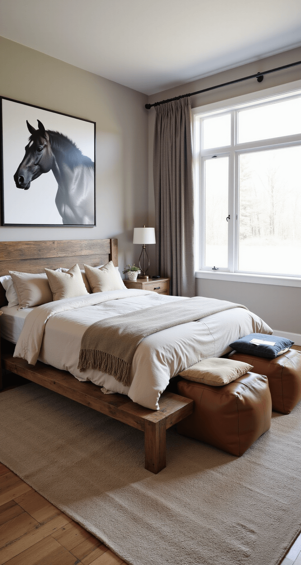 A modern-rustic bedroom with morning light, featuring a platform bed with reclaimed timber and luxe linens, a large picture window, oversized black and white horse photography, low-angle perspective showcasing leather poufs, a wool carpet, and raw edge wood nightstands, styled with minimalist western elements.