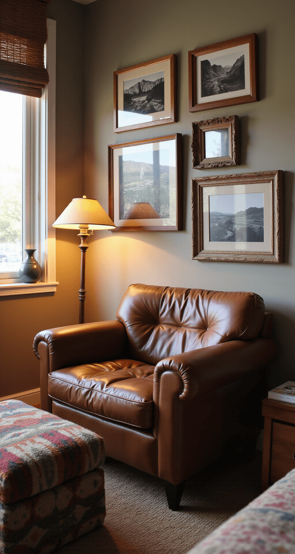 Cozy bedroom corner at sunset with a vintage leather club chair and southwestern textile ottoman. A warm copper floor lamp illuminates the space, showcasing a gallery wall of black and white landscape photography in weathered wood frames. The scene features rich browns and rusts, accented by sage green pottery, highlighting a lived-in, comfortable atmosphere.