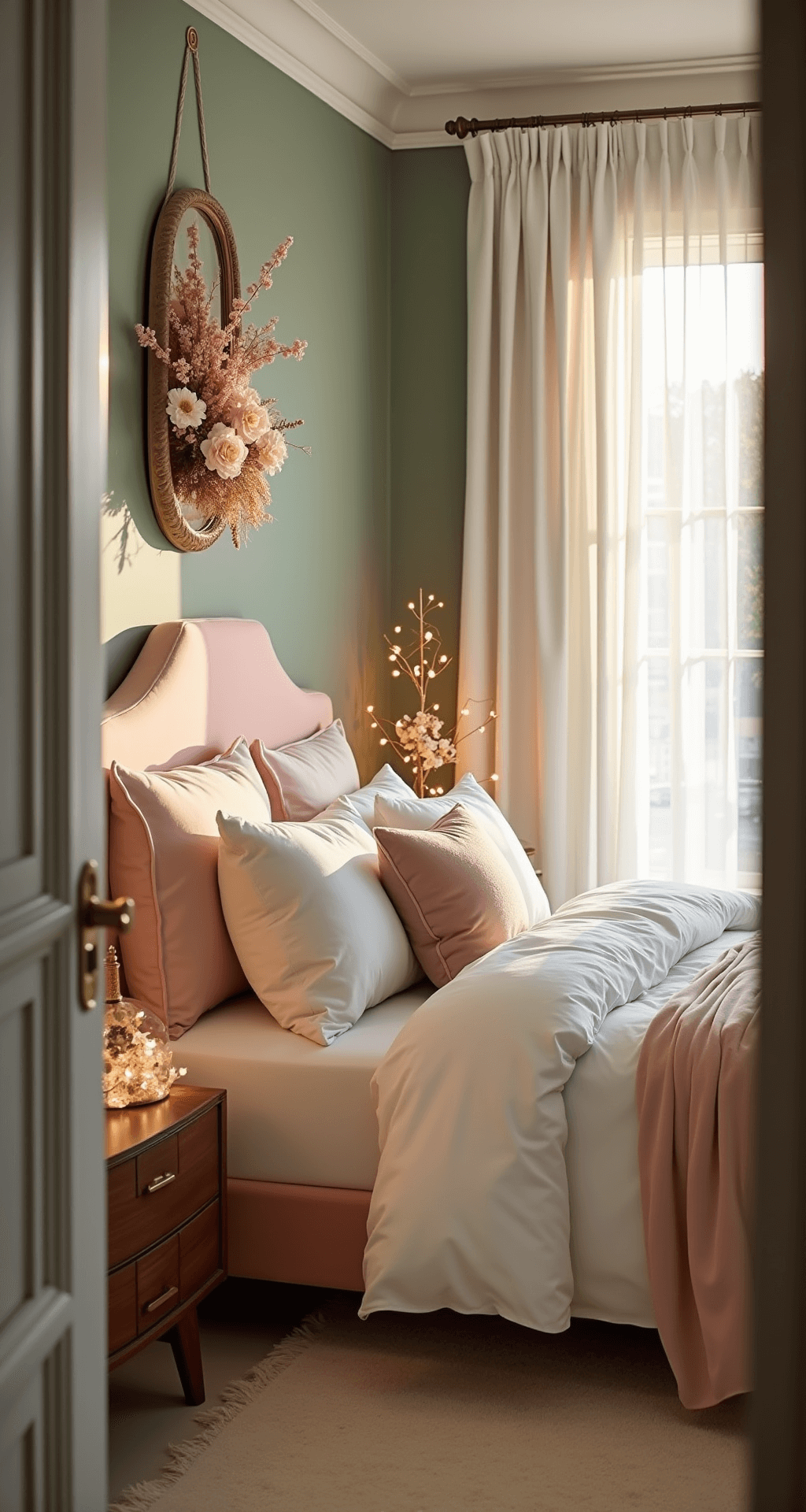 Aesthetic Bedroom Ideas 2025: Your Ultimate Guide to Creating a Dreamy Personal Sanctuary A softly lit bedroom showcasing a blush pink velvet upholstered headboard against a sage green wall, adorned with a cloud-like white duvet and pastel pillows, framed by fairy lights and a dried flower installation, set on a plush cream carpet with a vintage brass mirror and crystalline lamp.