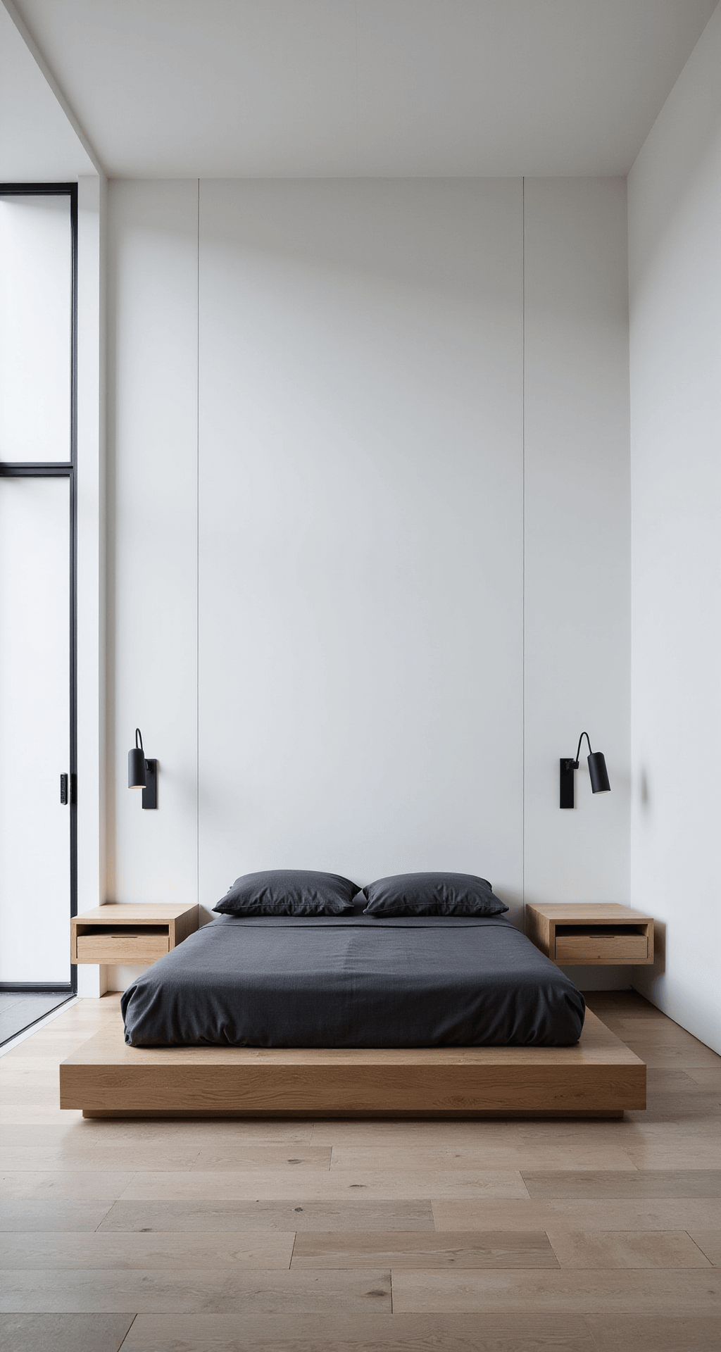 Aesthetic Bedroom Ideas 2025: Your Ultimate Guide to Creating a Dreamy Personal Sanctuary A modern minimalist bedroom featuring a low-profile platform bed in bleached oak against a stark white wall, with floating nightstands, charcoal linen bedding, and floor-to-ceiling windows with automated white sheers, captured at dawn from a 45° angle showcasing geometric shapes and negative space.