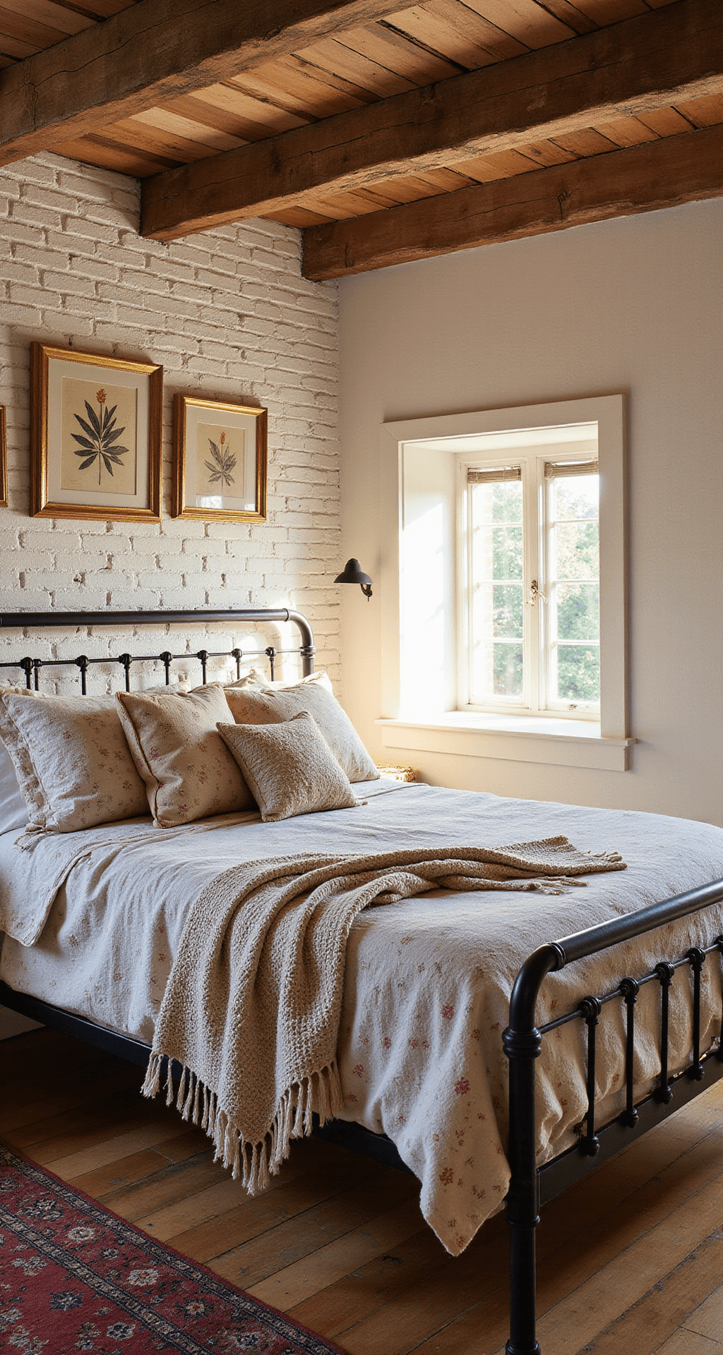 Aesthetic Bedroom Ideas 2025: Your Ultimate Guide to Creating a Dreamy Personal Sanctuary Intimate bedroom with wrought iron bed dressed in vintage floral linens, weathered wood beams, botanical prints in brass frames, and a worn Persian rug on wide-plank pine floors, captured during golden hour with shallow depth of field.