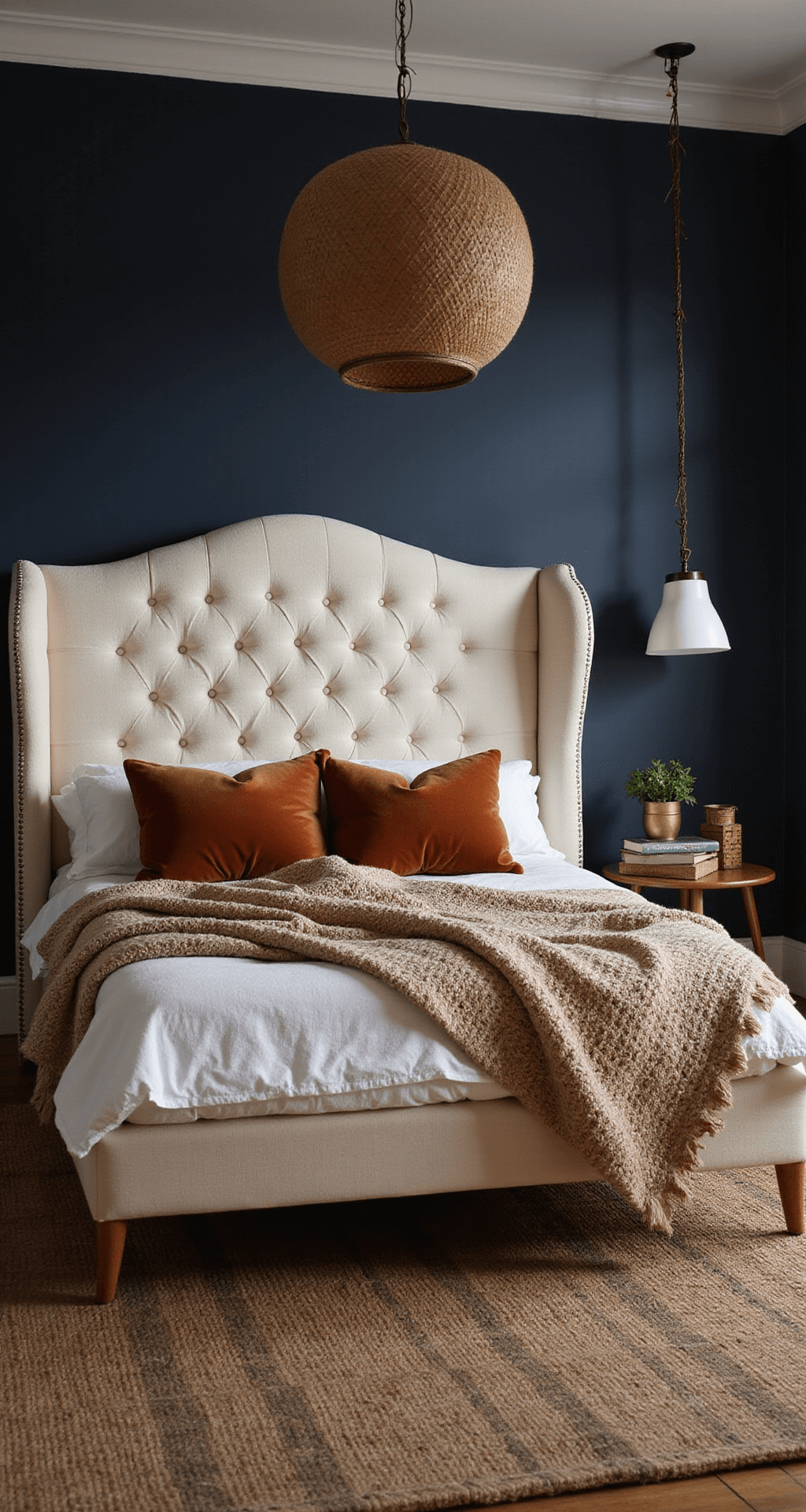 Aesthetic Bedroom Ideas 2025: Your Ultimate Guide to Creating a Dreamy Personal Sanctuary A luxurious primary suite at dusk featuring a tufted cream bouclé wingback headboard against a dark navy wall, with silk sheets, chunky knit throws, and rust and amber velvet pillows. A jute rug lies under vintage Moroccan wool, and a rattan pendant creates patterned shadows, all illuminated by warm artificial lighting to highlight the textures.