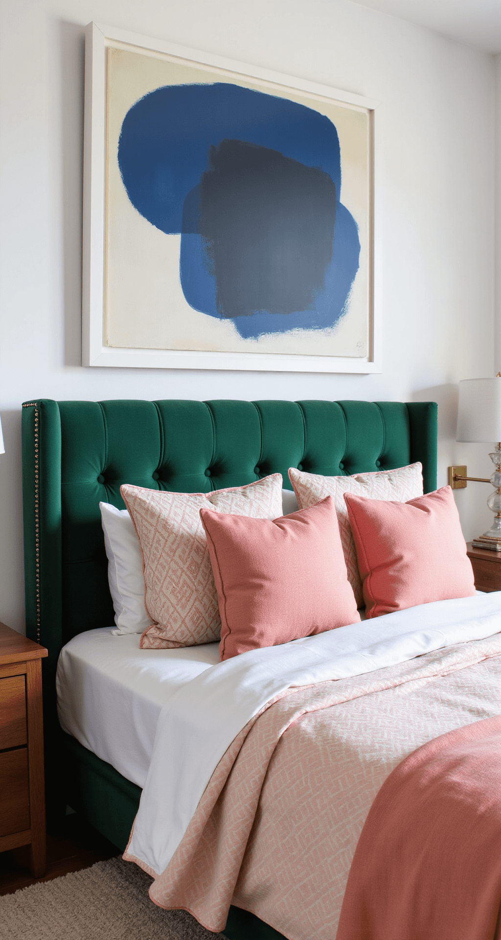 Aesthetic Bedroom Ideas 2025: Your Ultimate Guide to Creating a Dreamy Personal Sanctuary Contemporary bedroom featuring emerald green velvet channel-tufted headboard against white walls, adorned with coral and blush geometric bedding, oversized abstract art in deep blues, and warm walnut furniture, all illuminated by natural light.