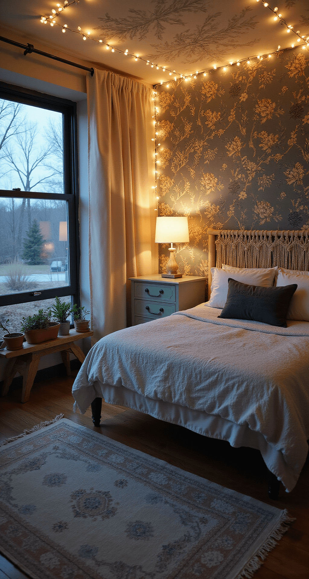 Aesthetic Bedroom Ideas 2025: Your Ultimate Guide to Creating a Dreamy Personal Sanctuary Cozy 12x14ft DIY designer room at blue hour featuring a macramé headboard, removable botanical wallpaper, an upcycled sage milk-painted dresser, layered muted vintage rugs, and a string light canopy, captured from a low angle.