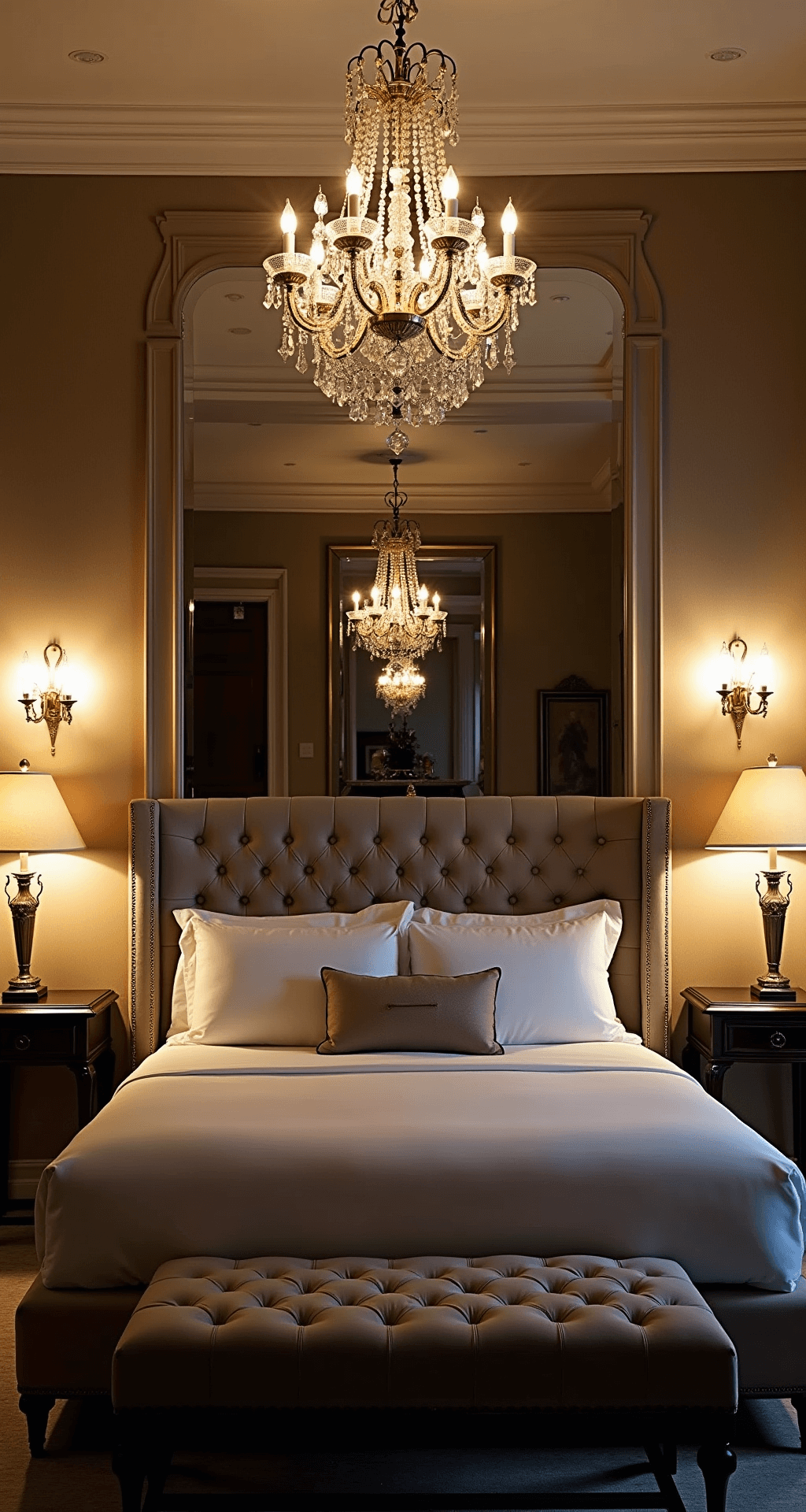 Aesthetic Bedroom Ideas 2025: Your Ultimate Guide to Creating a Dreamy Personal Sanctuary A dramatic 15x17ft luxury suite at twilight, featuring a crystal chandelier above a tufted king bed, warm sconces on grasscloth walls, and mixed metal nightstands with table lamps, all illuminated with a cinematic mood and intentional shadows.