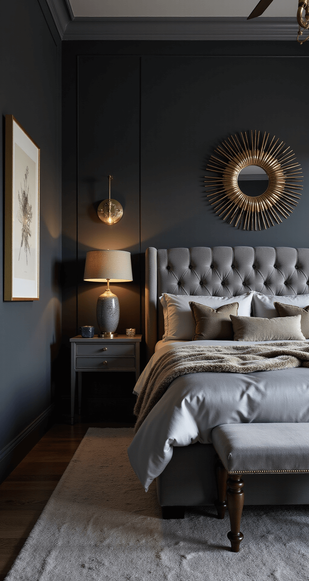 A luxurious 14x16ft twilight bedroom featuring deep charcoal walls, a king bed with grey silk bedding and faux fur throws, an oversized tufted headboard, brass sunburst mirror and sconces, and a grey velvet bench at the foot of the bed, captured from a high corner angle with dramatic accent lighting for a moody atmosphere.