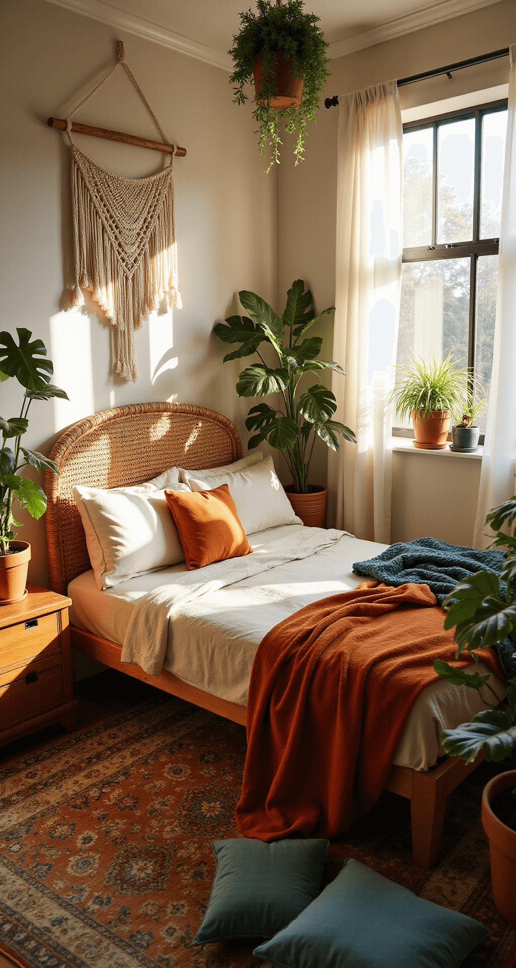 A sunlit teenage bedroom with a low-profile platform bed, layered in cream linen and rust velvet, adorned with macramé wall hangings, plants, and cozy floor cushions, all captured with warm golden hour light and a dreamy depth of field.