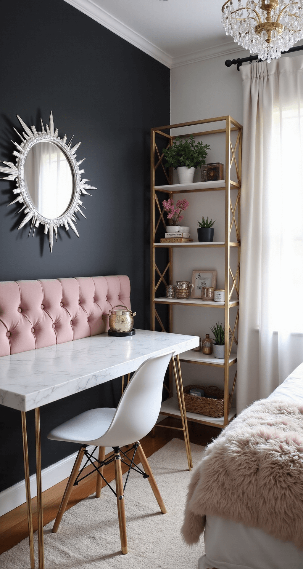 A modern teen bedroom featuring a blush pink velvet bed, a dramatic charcoal accent wall with a chrome sunburst mirror, a white marble desk with gold hairpin legs, a ghost chair, and geometric gold shelving. A crystal chandelier illuminates the space with prismatic light patterns.