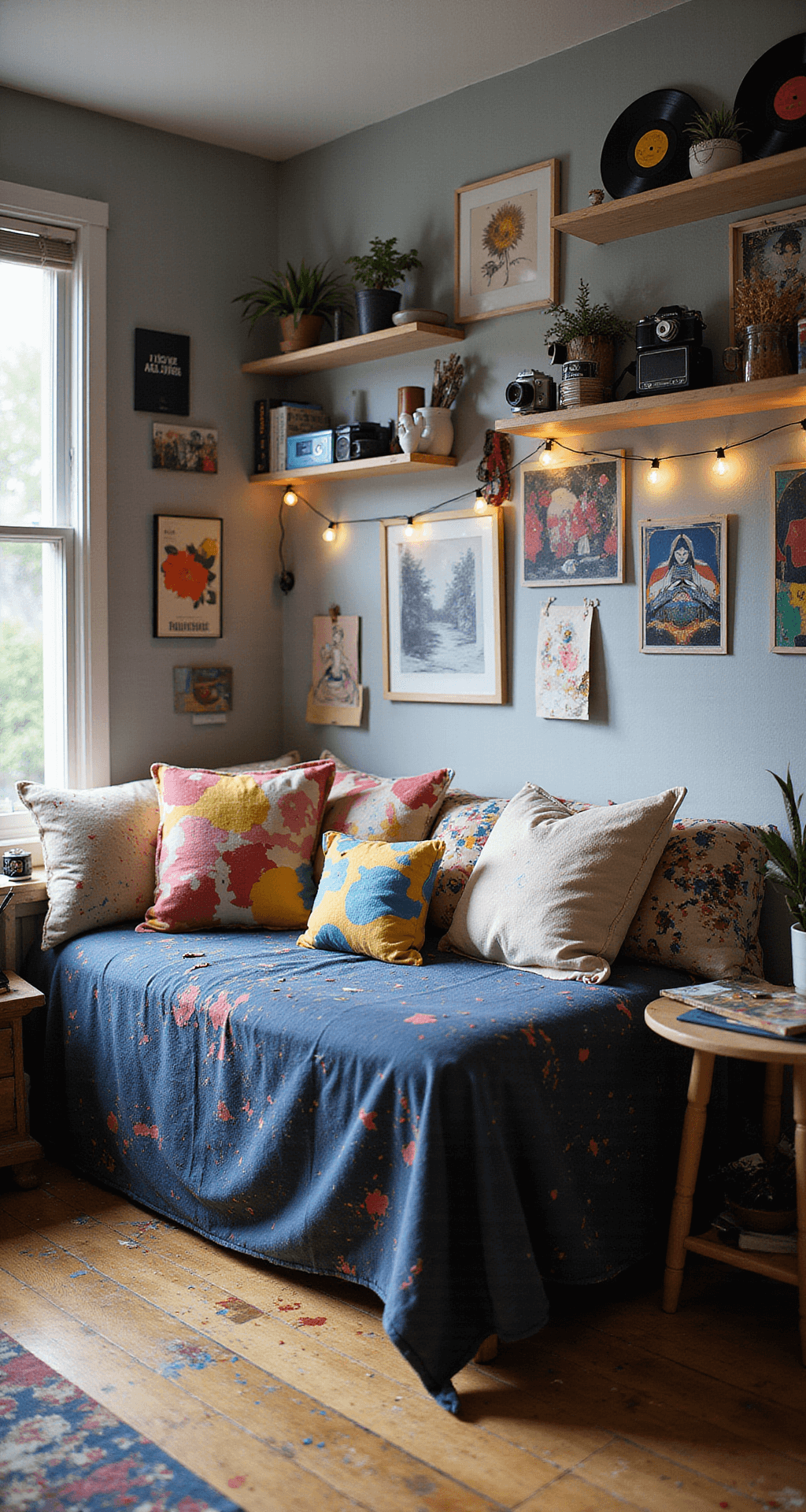 A vibrant corner bedroom filled with morning light, featuring a navy blue daybed with colorful, abstract pillows, paint-splattered drop cloths, and an easel. The walls are adorned with personal artwork and polaroids, while string lights create a whimsical atmosphere. Floating shelves showcase vinyl records and vintage cameras, emphasizing the artistic clutter and textures of the space.