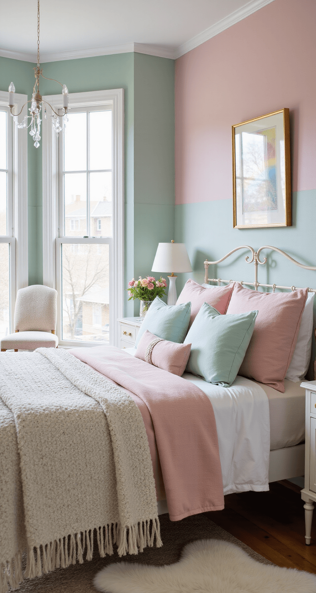 A serene pastel bedroom with blush pink and mint green color-blocked walls, featuring a white iron bed layered with colorful linens and chunky knits, accented by crystal prisms casting rainbows, white furniture with gold hardware, and a fluffy sheepskin rug, all softly illuminated by afternoon light.
