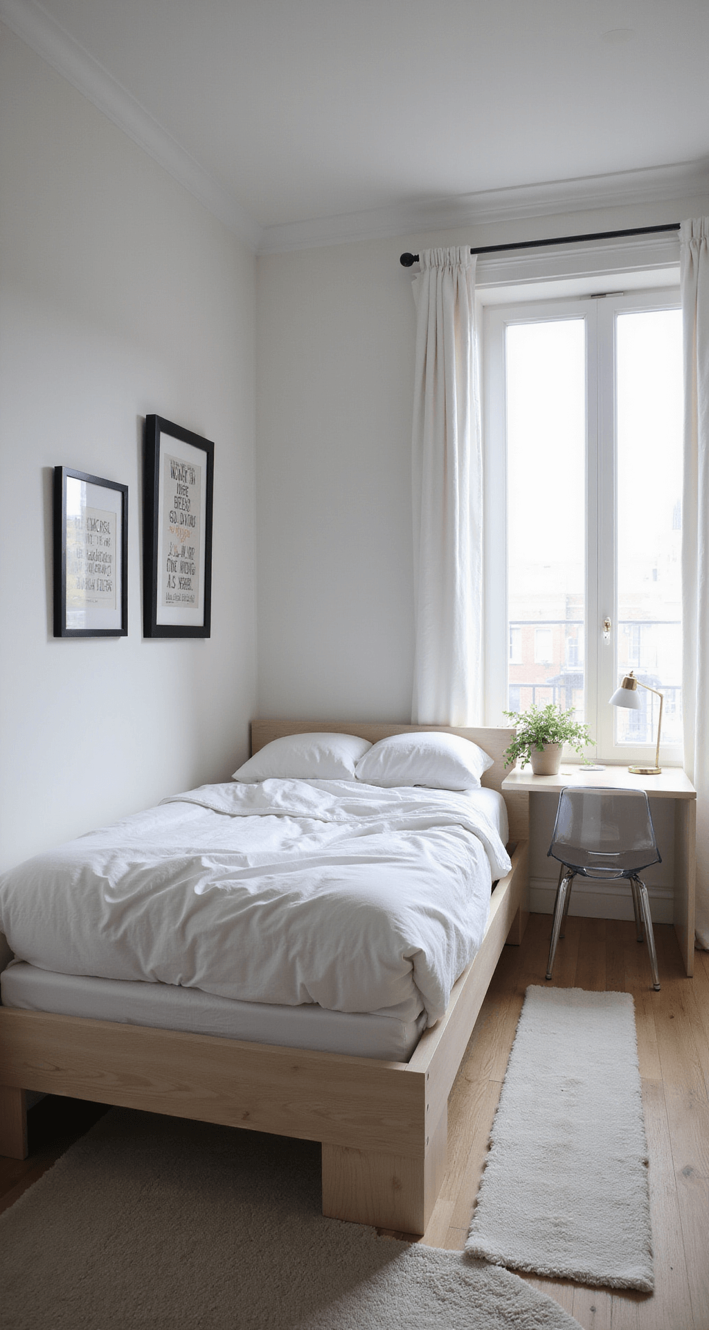 A minimalist teen bedroom featuring clean morning light, a monochromatic grey and white palette with brass accents, a platform bed with architectural lines, a floating desk in bleached wood, black-framed inspirational prints, and transparent acrylic accessories, all captured in sharp focus.