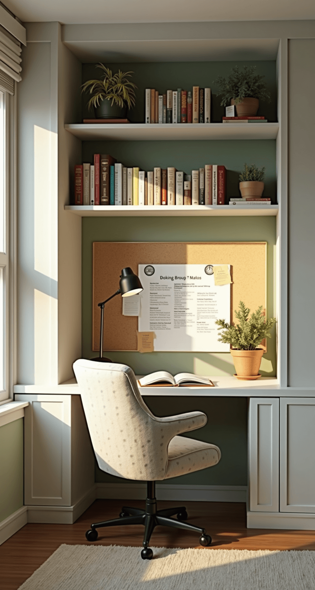 A cozy study nook bathed in golden hour light, featuring a built-in white desk against a sage green accent wall. An ergonomic cream bouclé chair is neatly tucked under floating shelves filled with color-coded books and minimal decor. A cork board displays academic goals, and soft task lighting enhances the inviting atmosphere.