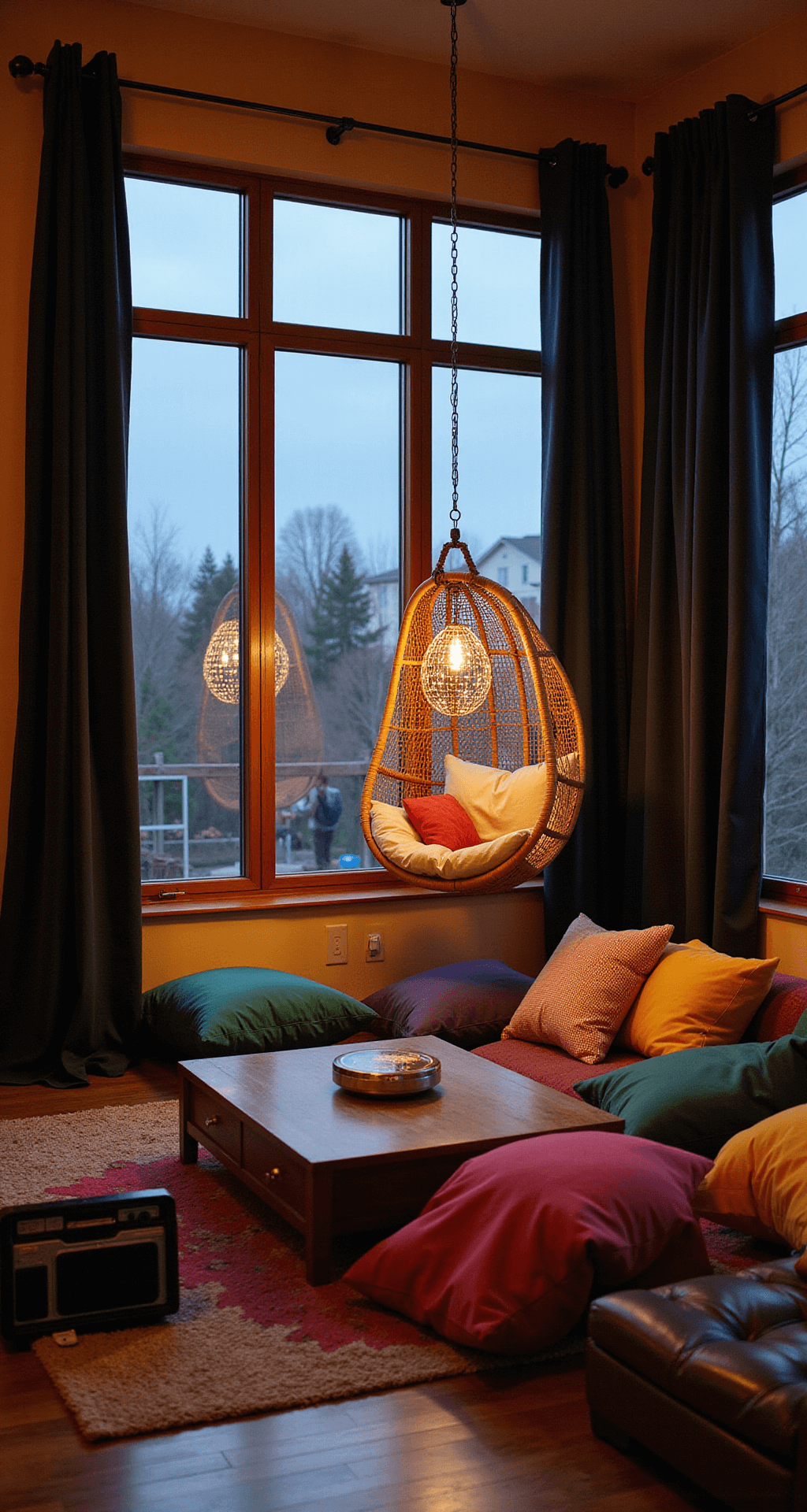 Cozy teen lounge featuring dusk lighting, floor-to-ceiling windows with blackout curtains, a suspended rattan chair, jewel-toned floor pillows around a low coffee table, ambient LED strip lighting, and a vintage radio-style Bluetooth speaker.