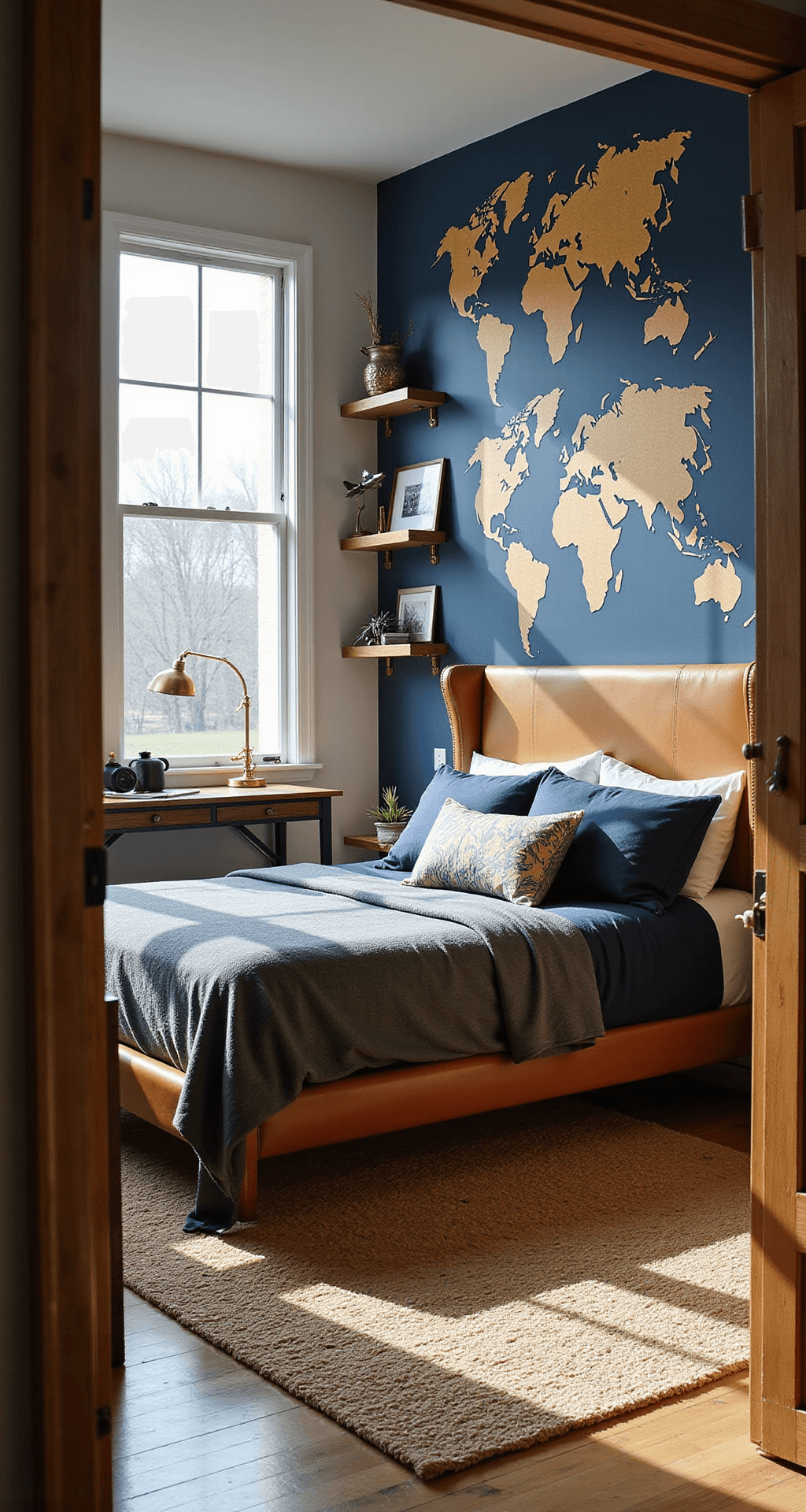 A spacious boys' bedroom with an adventure theme, featuring a navy blue accent wall with a vintage world map mural, a queen bed with tan leather headboard and layered navy and gray bedding, an industrial-style desk, natural wood floating shelves with model airplanes, and a jute rug, all illuminated by morning sunlight.
