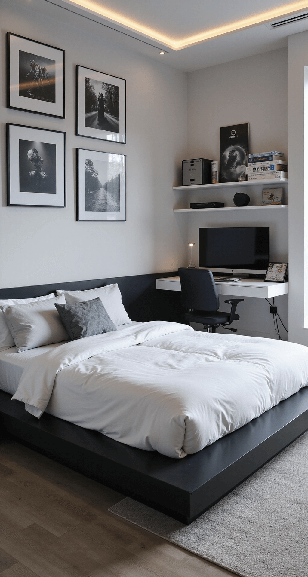 A modern minimalist teen bedroom featuring a sleek matte black platform bed with white linens and geometric gray pillows, a tech-focused study nook with a floating white desk and ergonomic chair, and a gallery wall of monochrome gaming posters. The room is bathed in afternoon light, highlighting elegant cable management solutions and a contemporary cool color temperature ambiance.