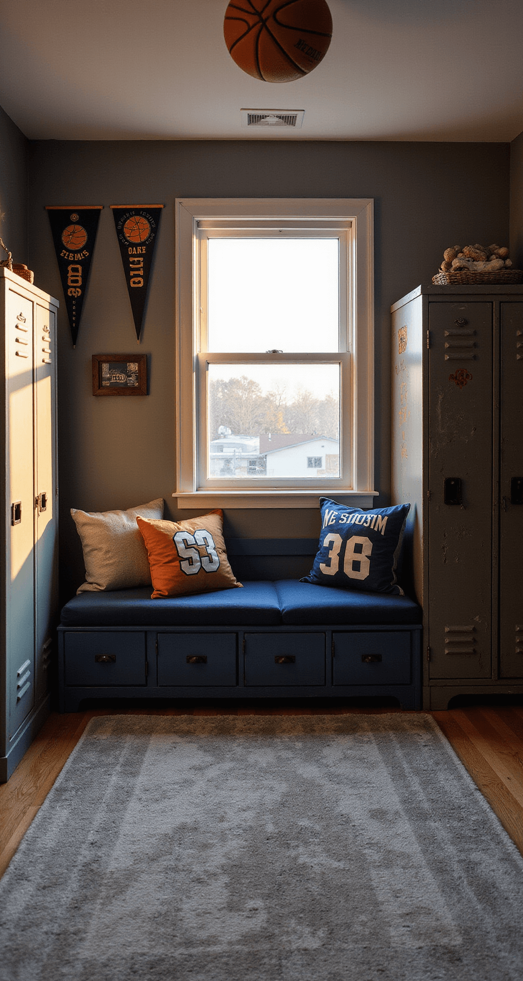 A cozy sports-themed bedroom featuring warm gray walls adorned with team pennants and signed jerseys, a navy blue built-in storage bench with cushions, a vintage locker-style wardrobe, and a basketball-textured area rug, all bathed in golden hour light.