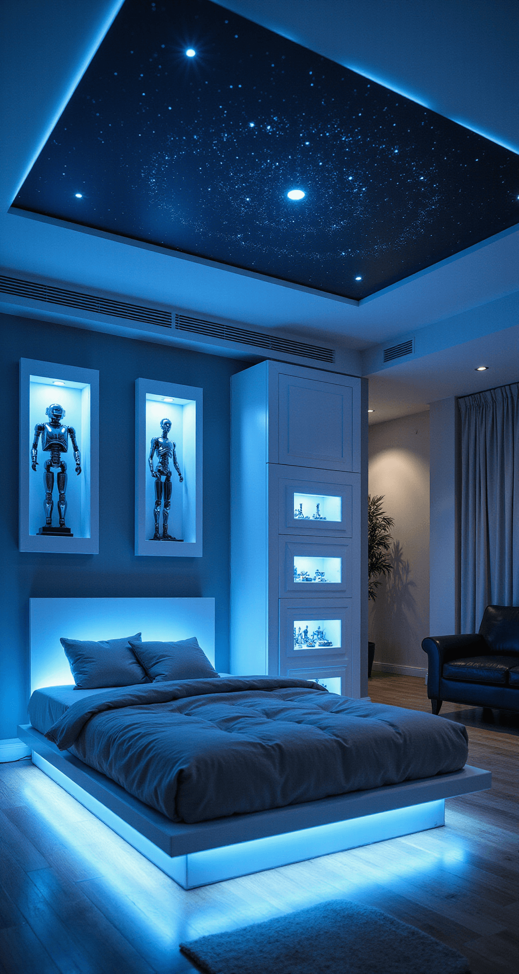 A futuristic bedroom featuring space gray walls and a constellation-projected ceiling, with a floating platform bed aglow in electric blue underglow. Modular white storage units display a robot collection, illuminated by a smart lighting system that creates vibrant color zones, all captured from a low angle to highlight the immersive space station ambiance.