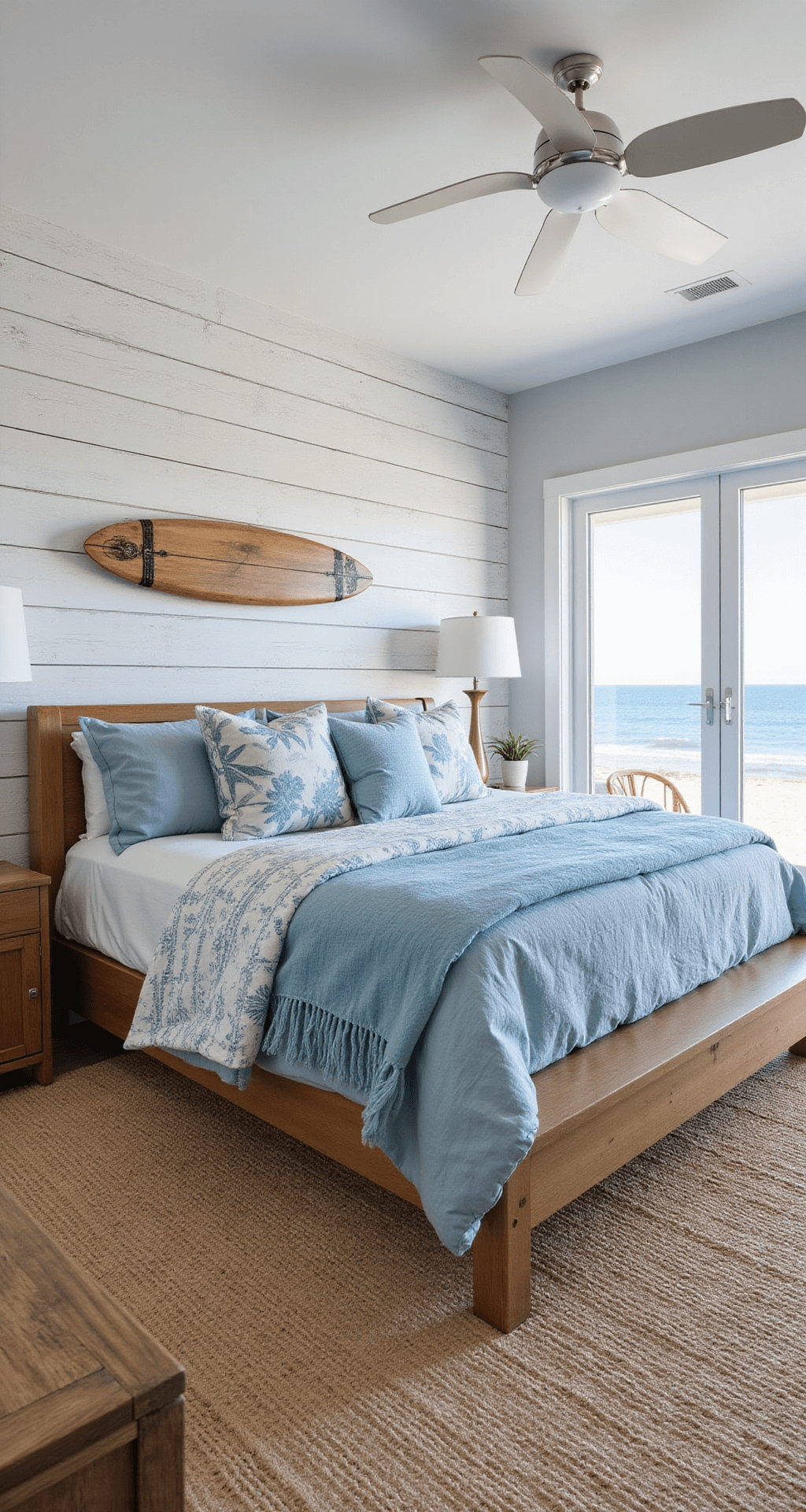 Modern coastal bedroom featuring a weathered white shiplap accent wall, surfboard mount, platform bed with ocean-inspired bedding, rope-detailed furniture, and a curved rattan reading chair with an ocean view, all on a natural seagrass rug, illuminated by mid-morning light.