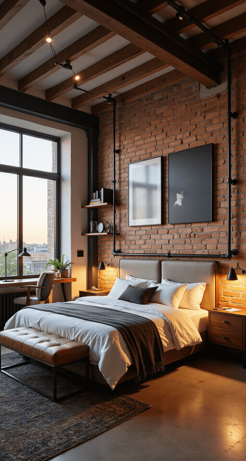 An industrial-modern bedroom featuring an exposed brick accent wall, metal pipe shelving, a loft-style bed with a steel frame and distressed leather headboard, and a concrete-look desk with a vintage lamp, all bathed in warm sunset lighting. The space includes an urban art gallery wall with LED track lighting, and a mix of metal and wood elements, captured at a dutch angle to highlight its architecture.