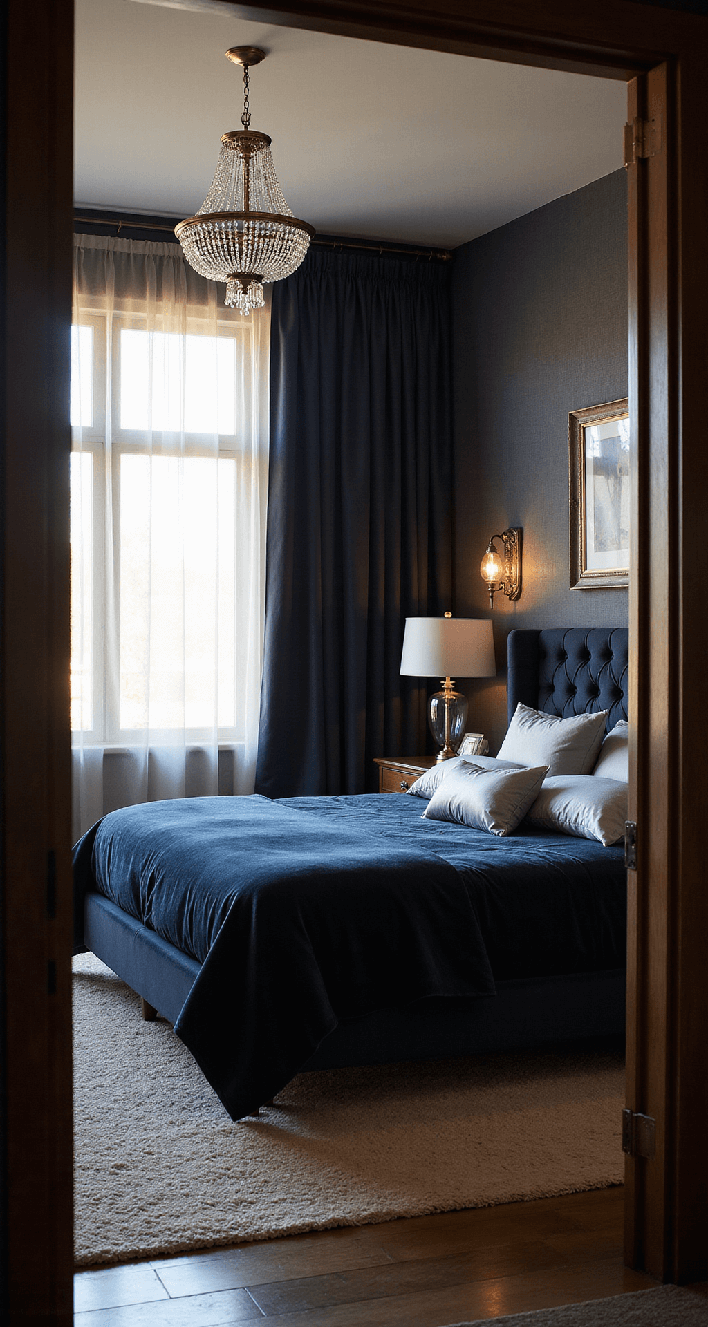 A moody 14x16ft bedroom at golden hour, featuring a king-size bed with midnight blue velvet bedding and silver silk pillows, illuminated by sunlight filtering through sheer charcoal curtains and burnished brass sconces. A vintage crystal chandelier casts intricate shadows, while dark walnut nightstands hold mercury glass lamps, all against textured charcoal grasscloth wallpaper and a plush ivory area rug.