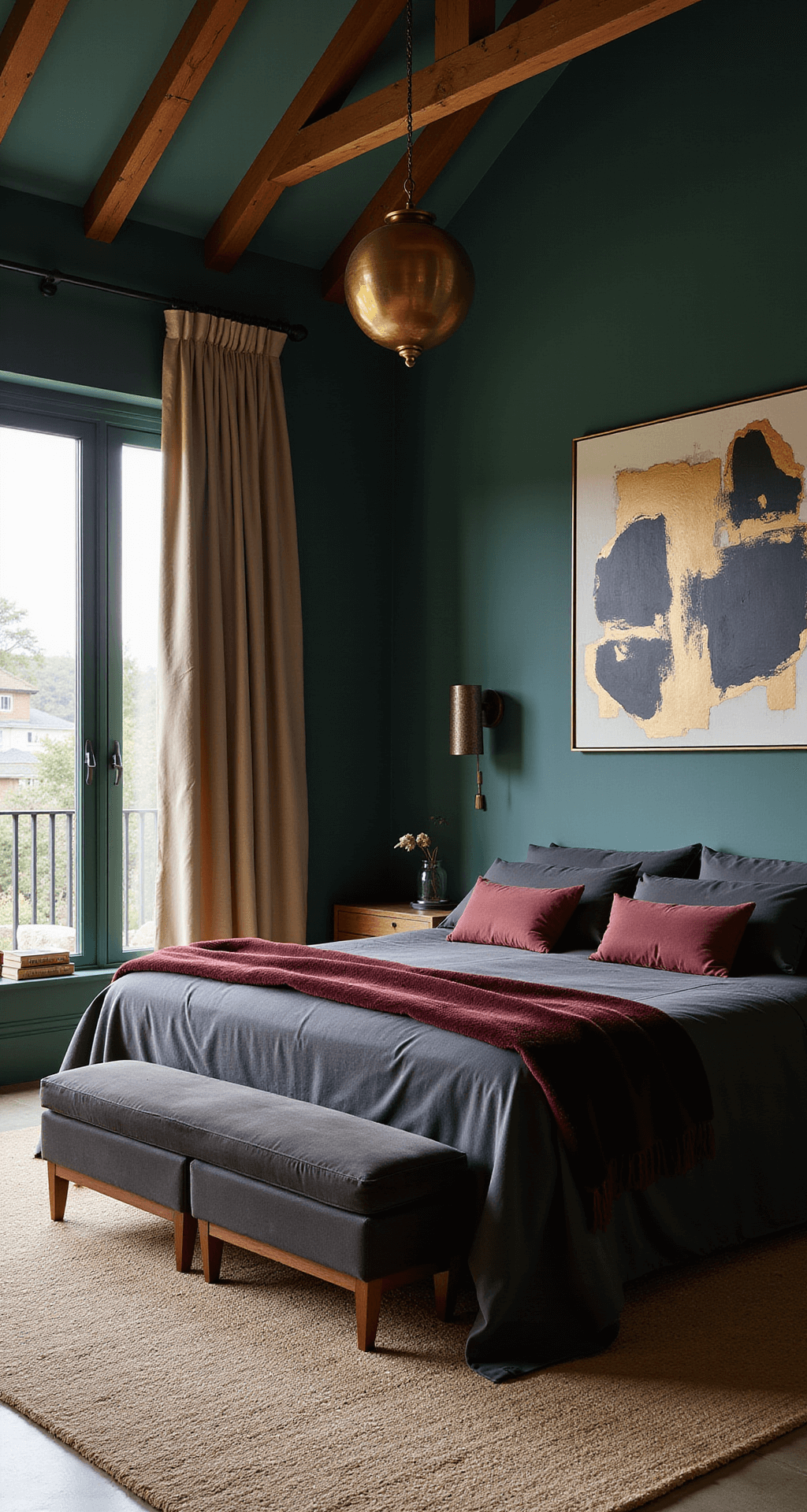 A luxurious dark bedroom at dusk with cathedral ceilings, deep emerald walls, champagne silk drapes, a California king bed with charcoal linens and burgundy throws, oversized gold and black abstract art, and a Moroccan brass pendant casting geometric shadows, all highlighted by soft fill light.