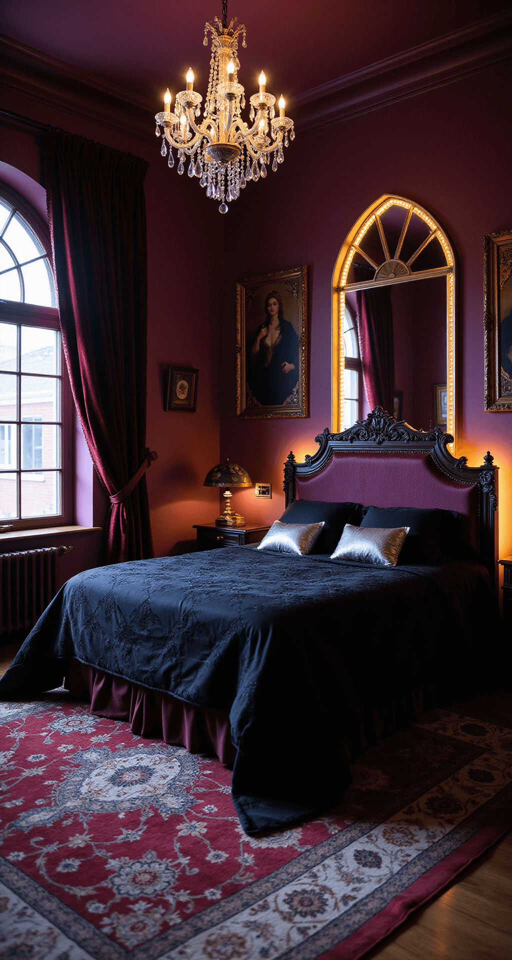 A stylish boudoir scene at twilight featuring a Victorian-style bed with black damask bedding, surrounded by dramatic plum walls and softened by an ethereal crystal chandelier. Reflective antiqued mirrors and rich textures, including velvet curtains and a jewel-toned Persian rug, enhance the intimate atmosphere.
