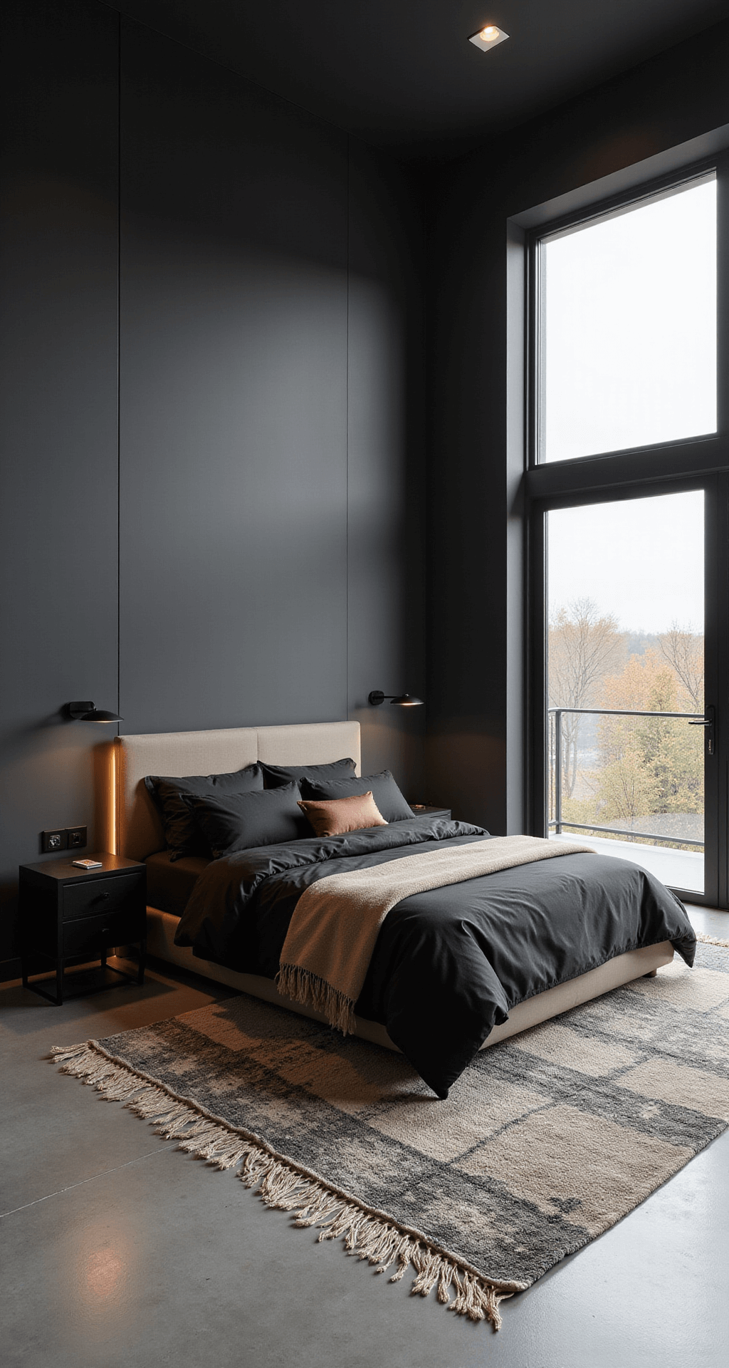 Modern minimalist bedroom with 15ft deep charcoal walls, featuring a platform bed with black Japanese cotton bedding and copper threading, dramatic floor-to-ceiling windows with automated blinds, matte black floating bedside tables, hidden LED cove lighting, and a concrete floor accented by layered cream and gray Moroccan rugs, captured from an overhead corner angle in cool morning light.