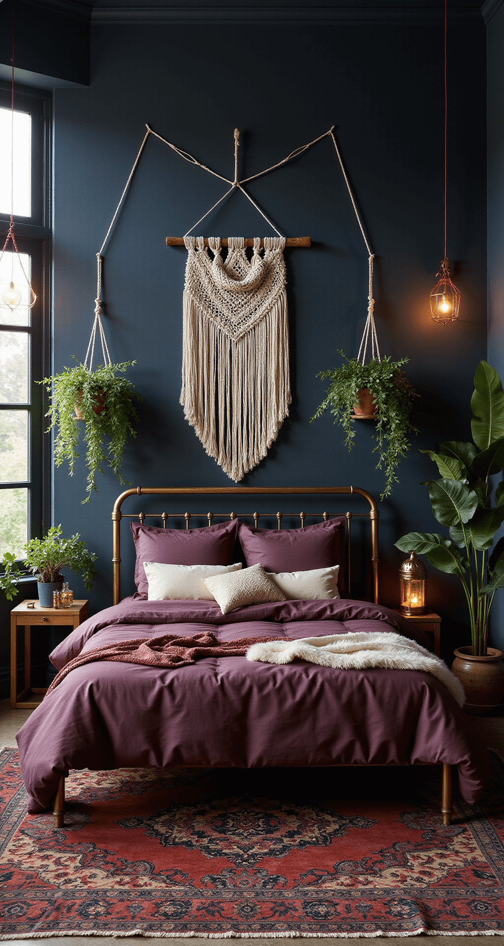 A cozy Bohemian sanctuary at sunset, featuring deep navy walls and a vintage brass bed dressed in aubergine linen. Macramé wall hangings and clusters of hanging plants adorn the space, complemented by layered vintage Persian rugs. Copper string lights and Moroccan lanterns cast a magical glow in the ethereal atmosphere.