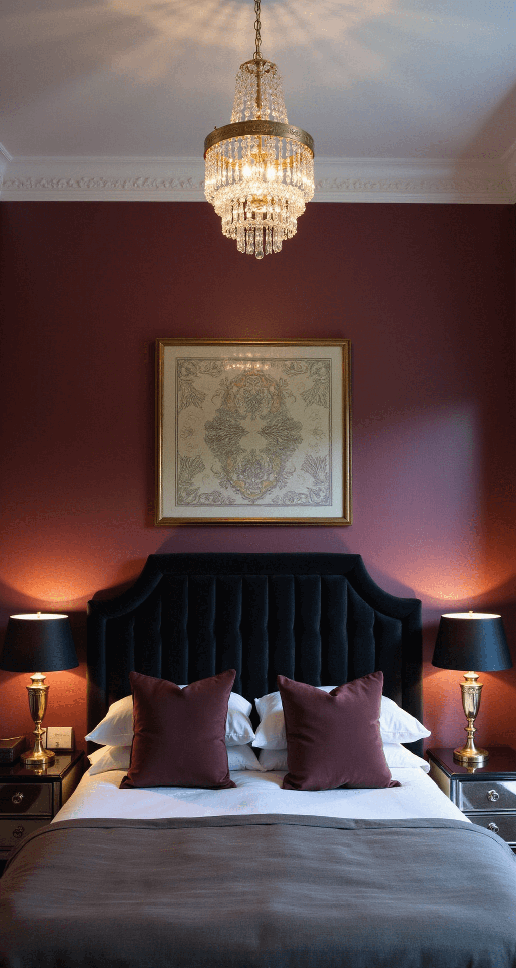 An Art Deco-inspired bedroom with dark wine walls, featuring twin brass table lamps on mirrored nightstands, a black velvet channel-tufted headboard, geometric wallpaper, and a crystal and brass chandelier, all captured during blue hour for dramatic symmetry.