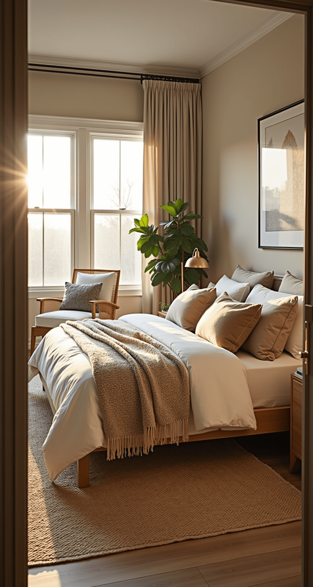 A spacious bedroom featuring a king-sized bed with beige linens, brass reading lamps on bleached oak nightstands, and a rattan accent chair, all bathed in warm golden hour sunlight streaming through floor-to-ceiling windows.