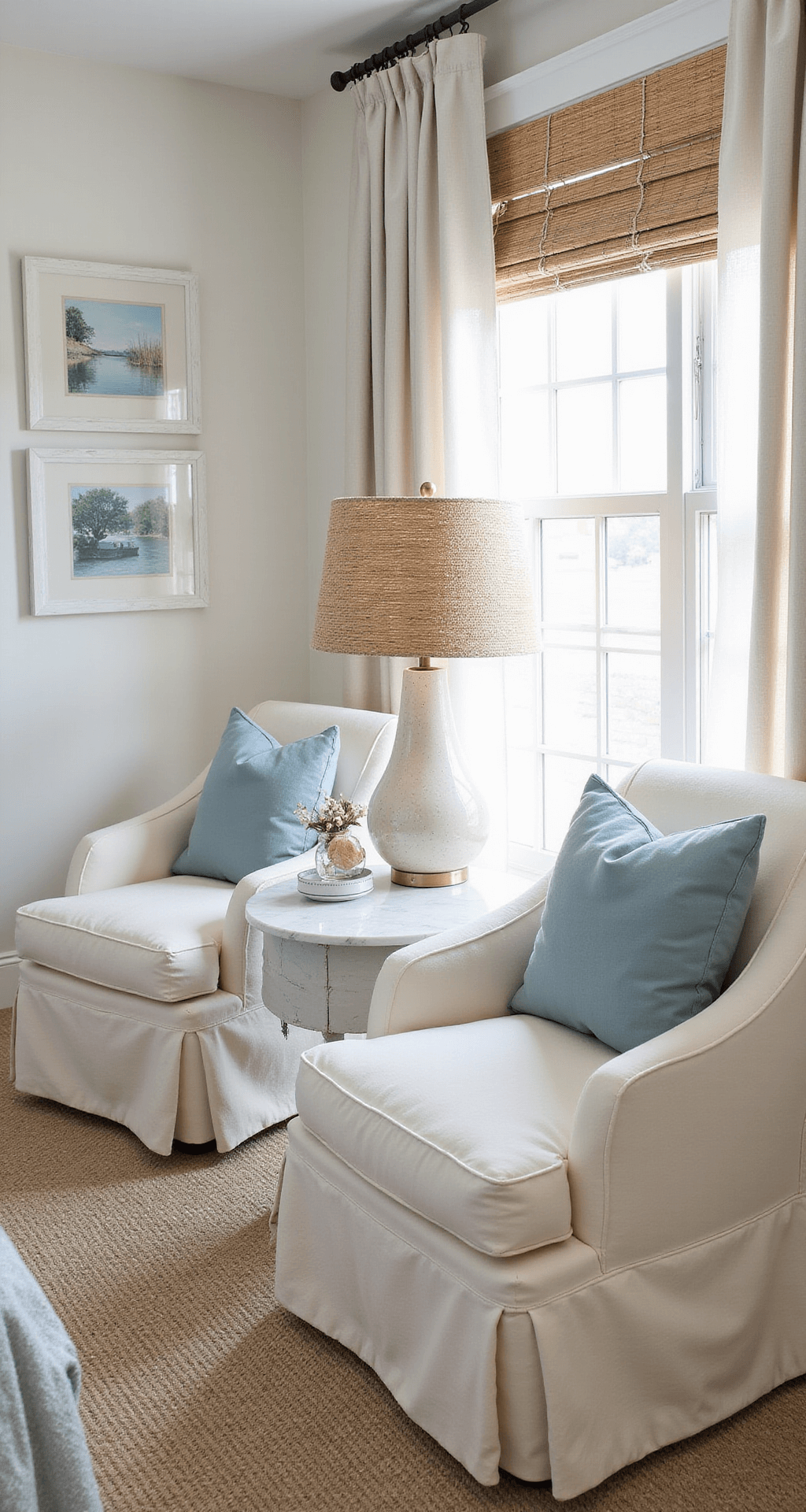 An elegantly designed primary bedroom featuring a cozy sitting area with curved cream bouclé accent chairs and a round marble side table, accented by coastal decor and layered window treatments, all illuminated by bright morning light.