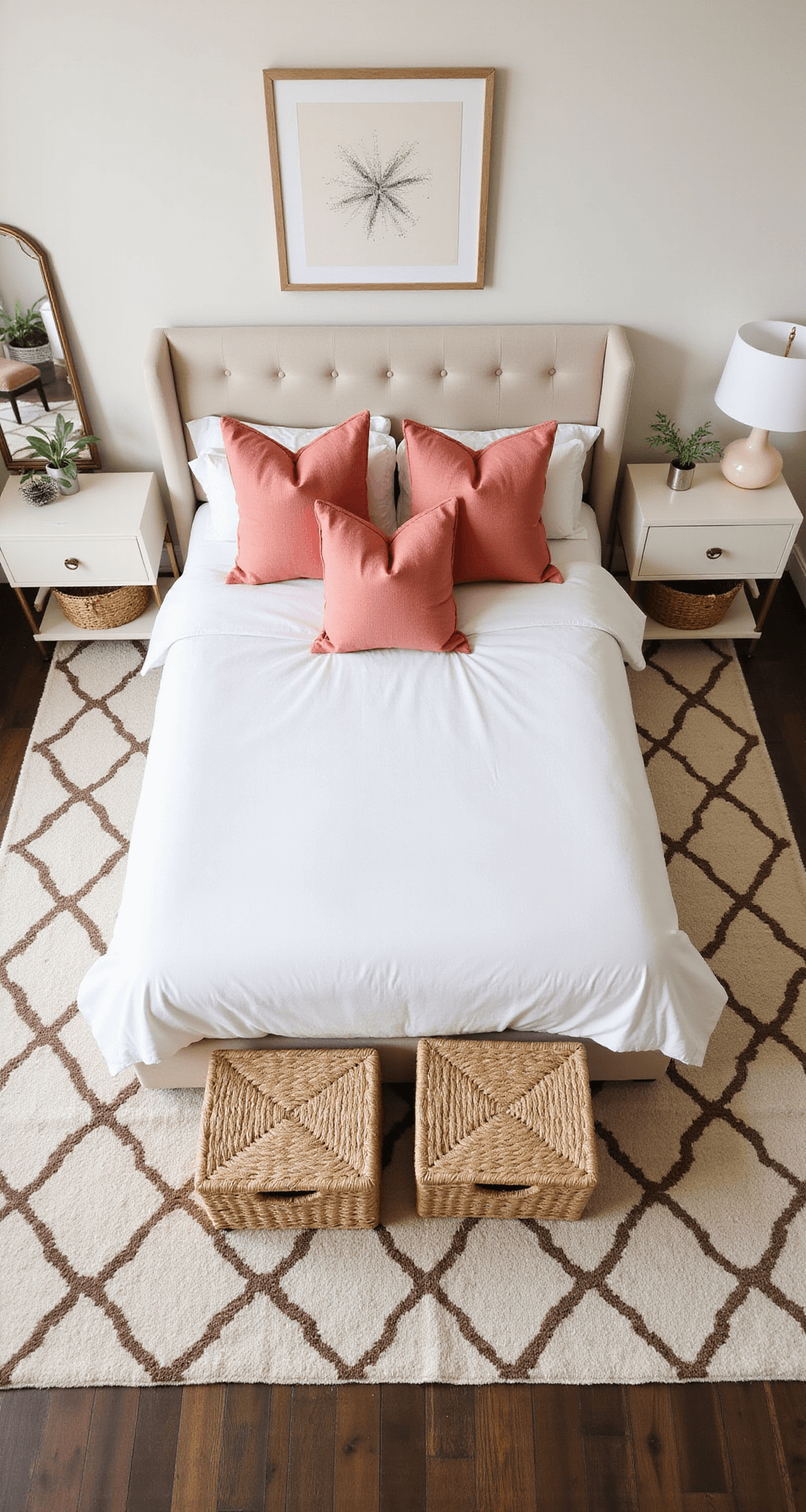 Overhead view of a spacious primary suite featuring a California king bed centered with matching ivory nightstands, a cream and brown geometric Moroccan wool rug, coral accent pillows, artwork, a floor mirror with a brass frame, and woven storage baskets under a console, all under even lighting.
