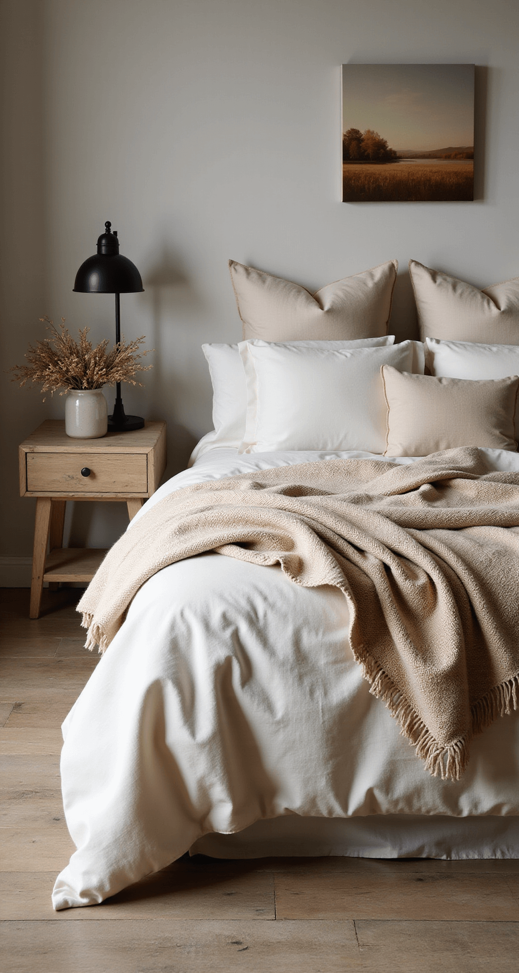 Detail shot of a cozy bedding vignette featuring layers of tone-on-tone beige textiles, including silk pillowcases, chunky knit euro shams, a herringbone wool throw, and a linen duvet, illuminated by soft afternoon light. A black metal task lamp contrasts with the neutrals, while a small landscape painting hangs above a weathered oak nightstand adorned with a ceramic vase of dried flowers.