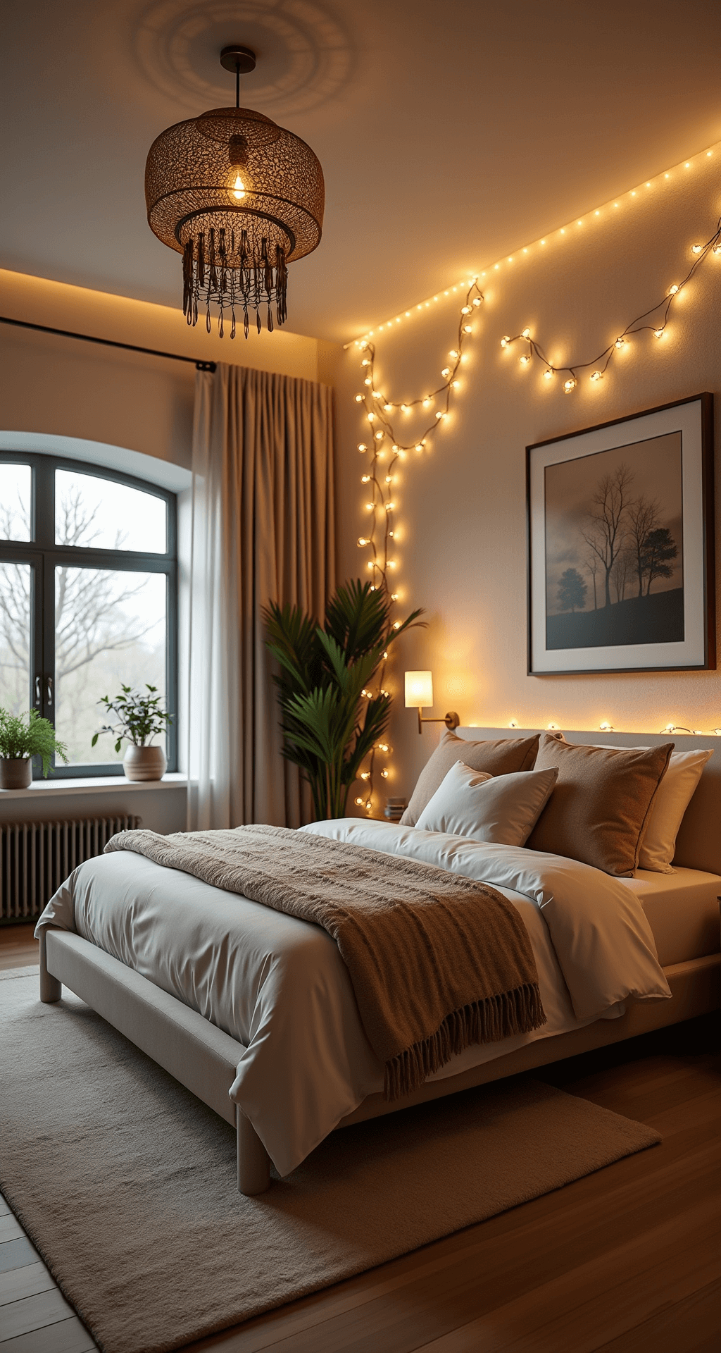 A cozy 13x15ft bedroom featuring warm fairy lights above an upholstered queen bed, textured cream wallpaper illuminated by brass sconces, a plush beige carpet, layered natural linen window treatments, a woven pendant light casting shadows, glowing brass-framed abstract art, and vibrant green trailing plants.