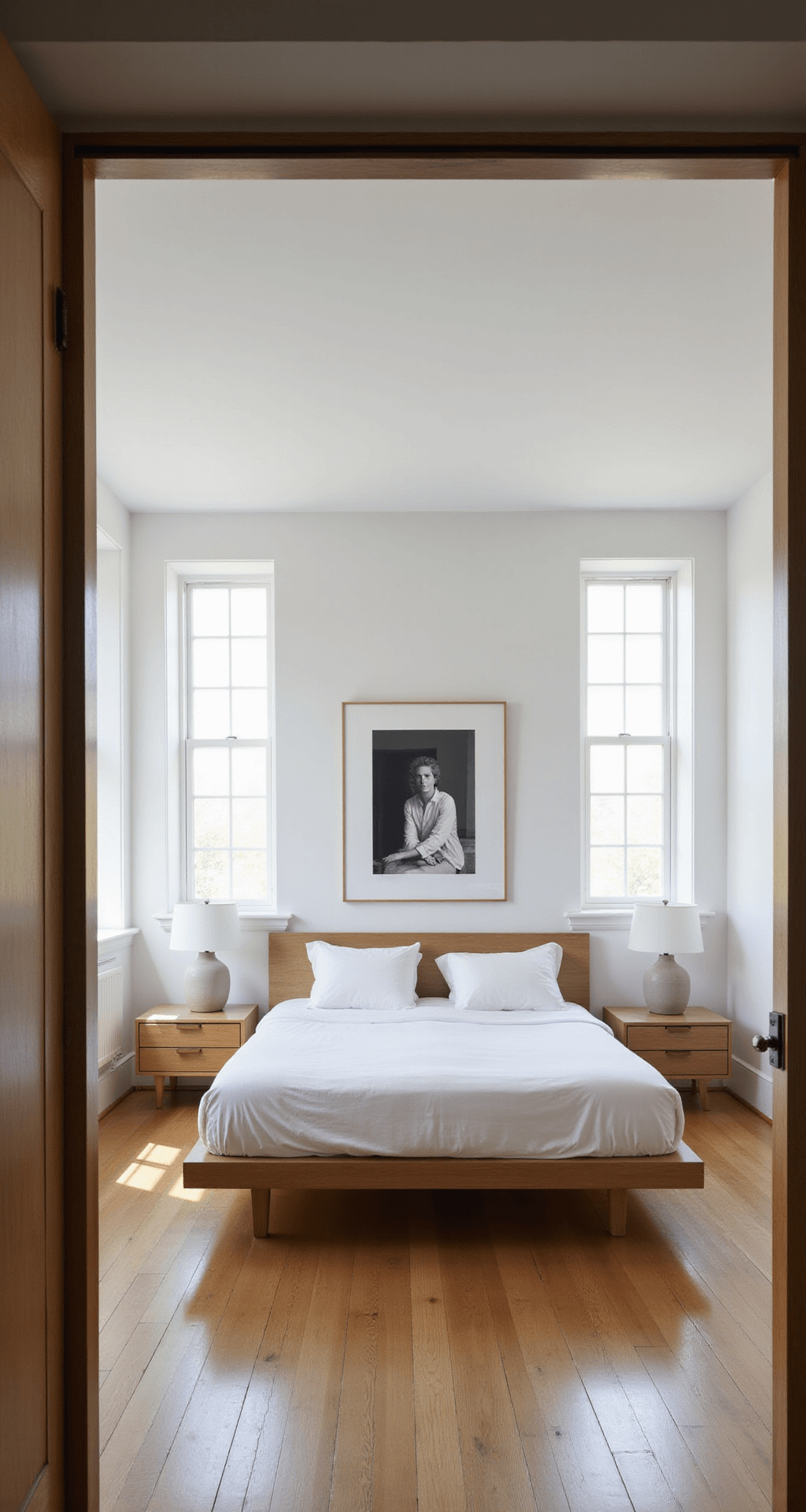 A minimalist bedroom featuring a low-profile oak platform bed with white linen, warm wooden floors, and large windows allowing natural light, with floating nightstands and a black and white photograph on the wall.