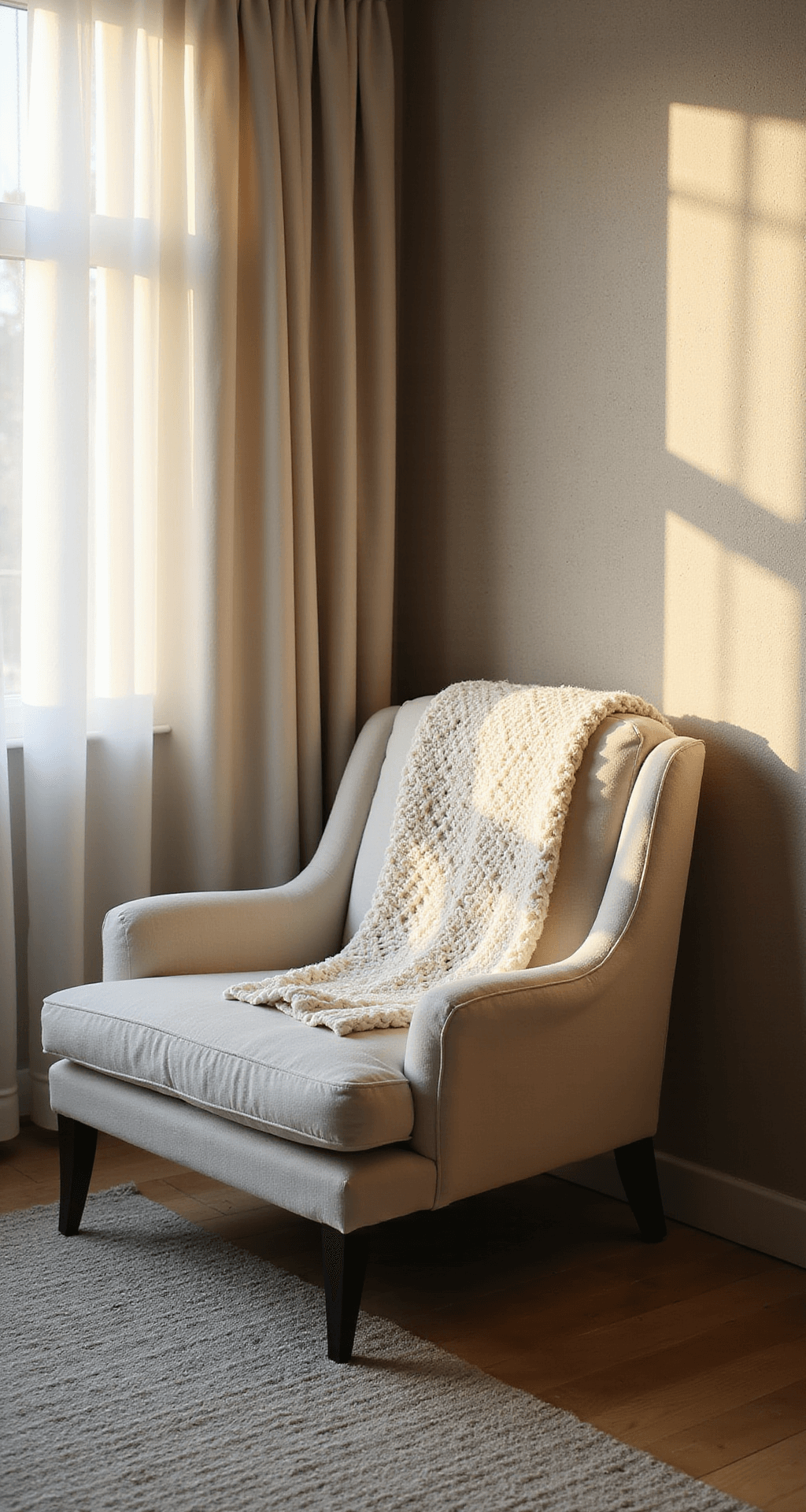 Intimate modern bedroom corner at golden hour, showcasing a linen upholstered reading chair draped with a chunky knit ivory throw, a handwoven soft gray wool rug, and a textured limestone wall, all illuminated by warm natural light filtering through sheer white curtains.