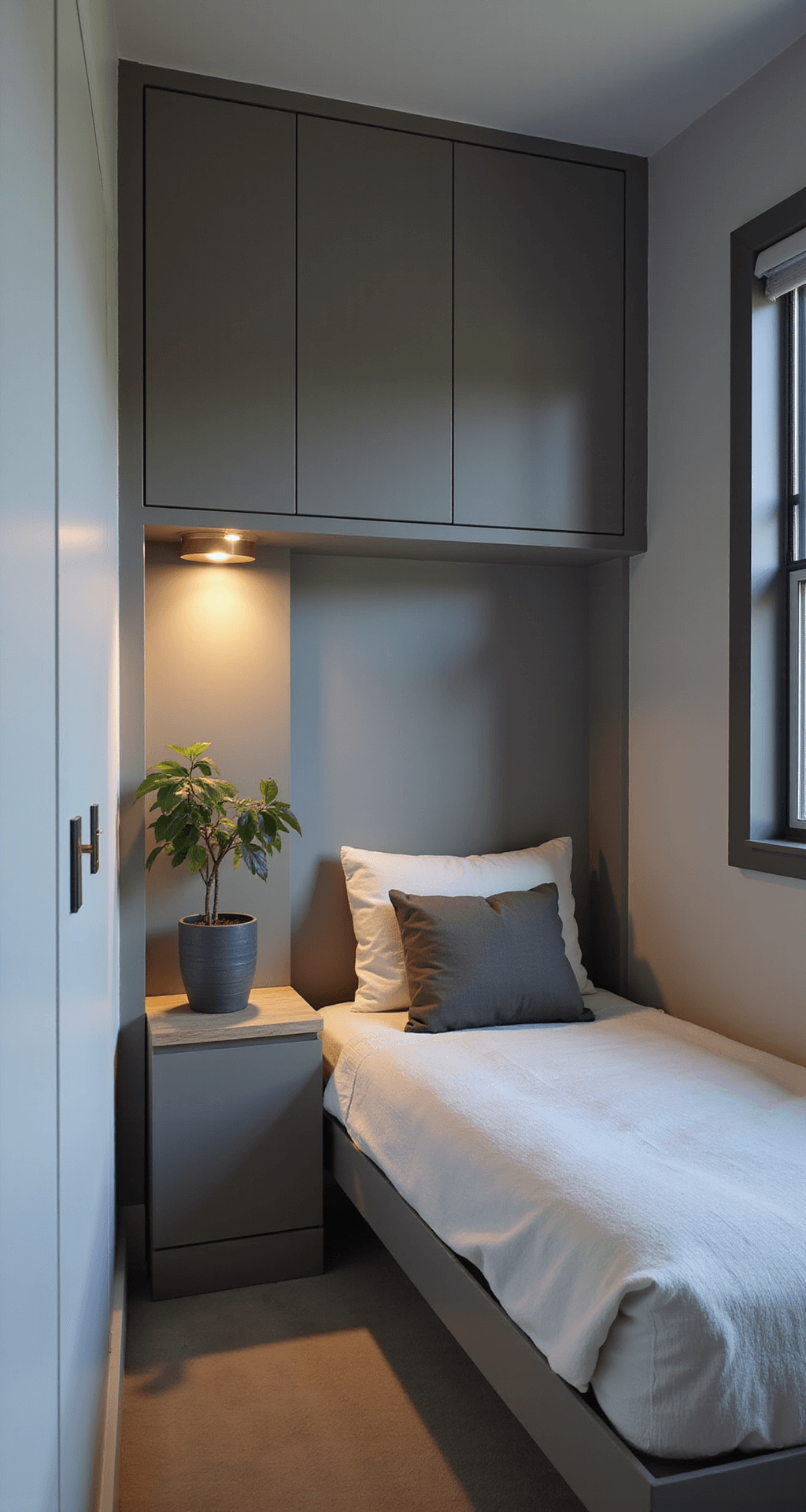 Compact bedroom featuring floor-to-ceiling built-in storage in matte greige, a floating twin bed with integrated nightstand in bleached oak, and minimal decor including a potted fiddle leaf fig and a modern brass wall sconce, all captured during blue hour with a focus on vertical lines and space efficiency.