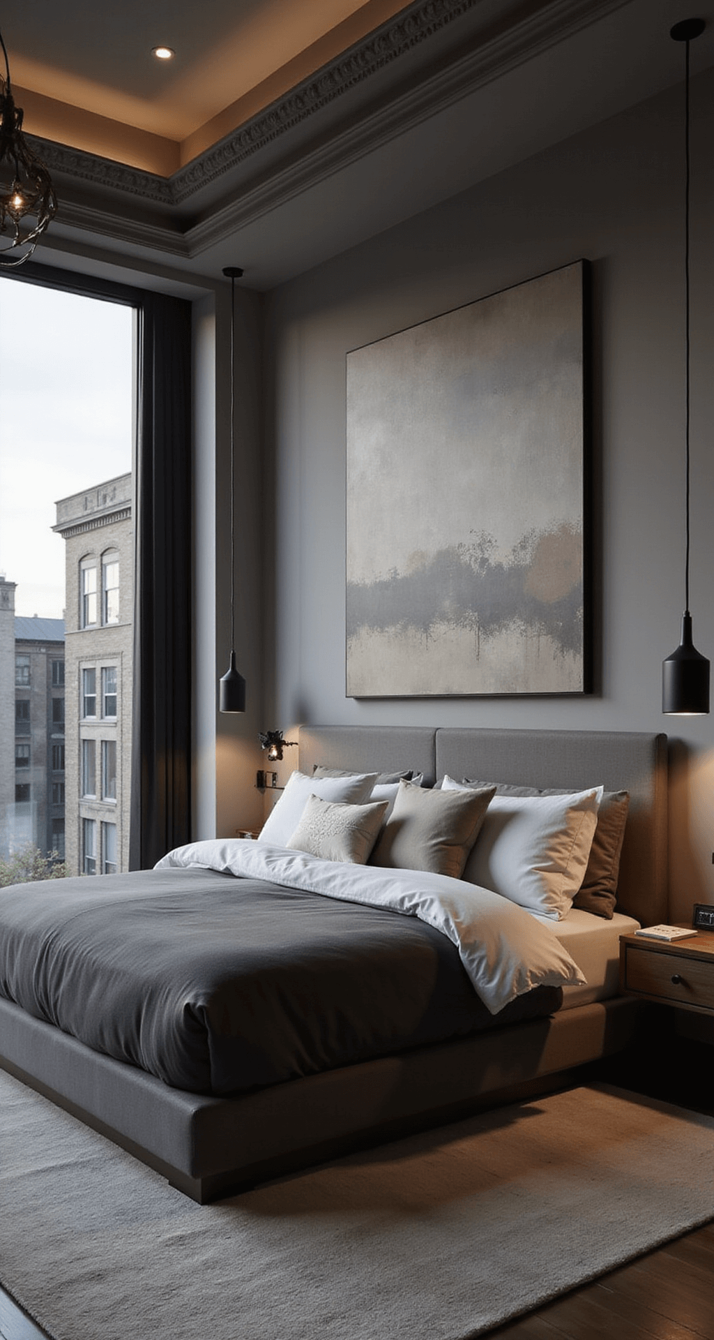 Luxurious minimal primary bedroom at dusk featuring a charcoal linen platform bed layered with white, cream, and stone textiles, an oversized abstract canvas in muted tones, and a sculptural pendant light, captured from a low-angle corner perspective highlighting architectural ceiling details and moody lighting.