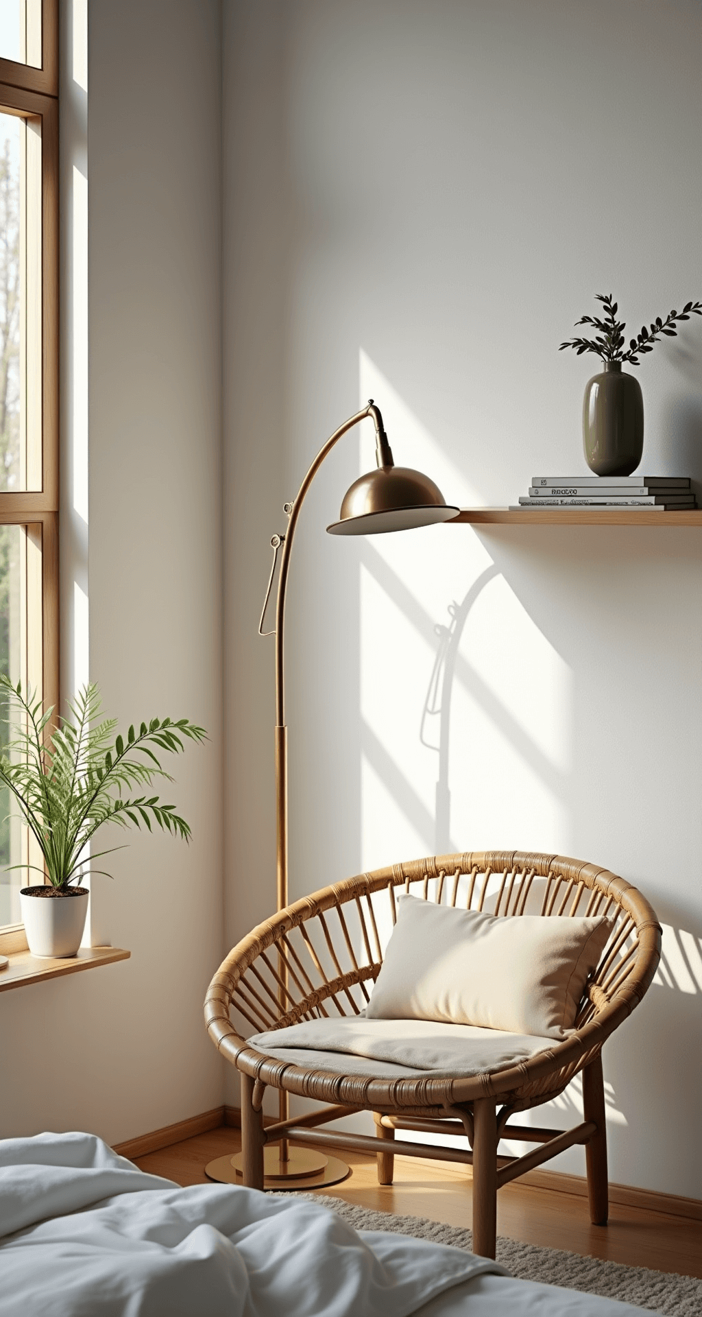 Bright, airy bedroom corner featuring a rattan reading chair and brass floor lamp, with a floating shelf displaying a ceramic vase, art books, and an air plant, all illuminated by midday sunlight on a textured white wall.