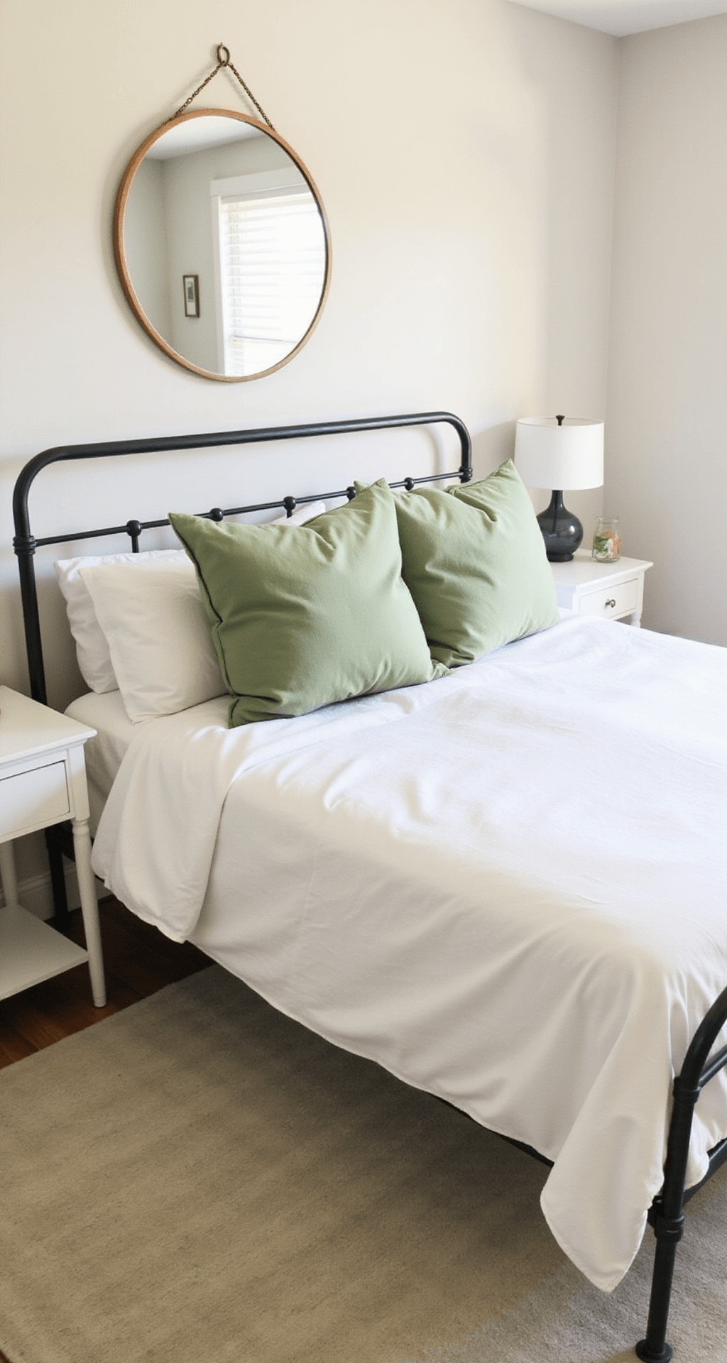 Budget-friendly bedroom with a simple metal frame bed dressed in white cotton bedding and sage green throw pillows, featuring floating white nightstands and a vintage mirror as wall art, all captured in bright morning light.