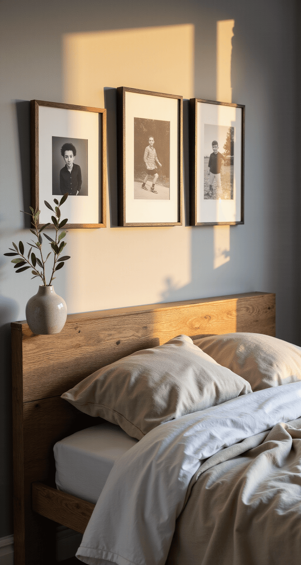 Close-up of a personal sanctuary bedroom at sunset, featuring a handcrafted wooden headboard against a soft gray wall, minimal black and white photos, a preserved olive branch in a ceramic vessel, and natural undyed linen bedding, all bathed in warm golden hour light.
