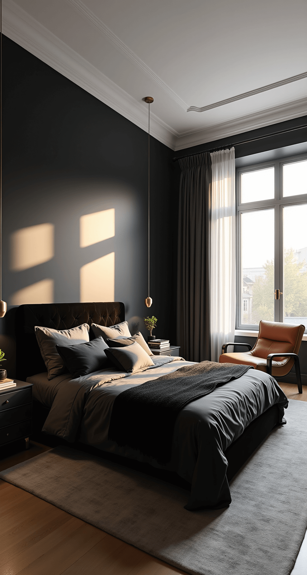 A luxurious master bedroom with matte black walls and a bright white tray ceiling, featuring a king-sized bed with a black velvet headboard, charcoal linen sheets, and textured black throws, illuminated by natural light from floor-to-ceiling windows during golden hour, with brass pendant lights and layered textures of silk curtains and a wool carpet.