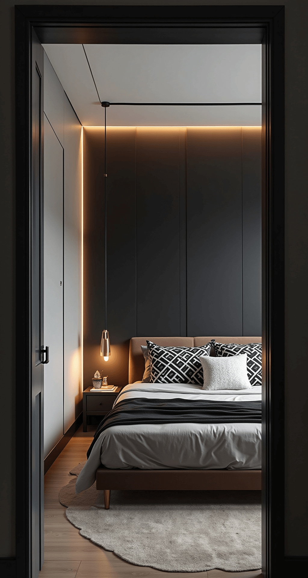 A modern bedroom interior featuring a statement black wall, light gray walls, and LED strip lighting behind the bed, with mixed metallic accents and geometric bedding patterns, captured from a doorway at dusk.