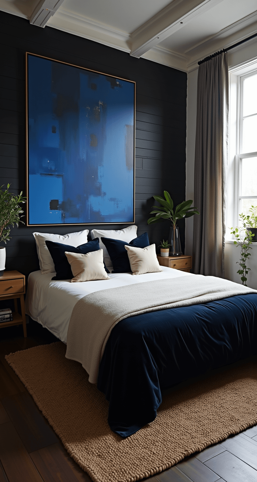 A cozy 10x12ft bedroom featuring a black shiplap accent wall, a queen bed with black velvet and white linen bedding, oversized cobalt blue abstract art, a jute rug on dark hardwood floors, and natural elements like a potted monstera and hanging plants, illuminated by intimate morning light.