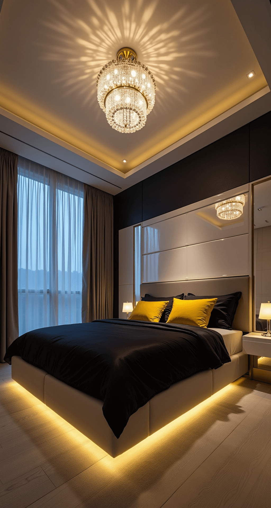 A contemporary bedroom featuring horizontal color-blocked walls in matte black and warm white, illuminated by a crystal chandelier, with a platform bed in black silk and yellow accent pillows, and mirror-fronted wardrobes, captured at twilight.